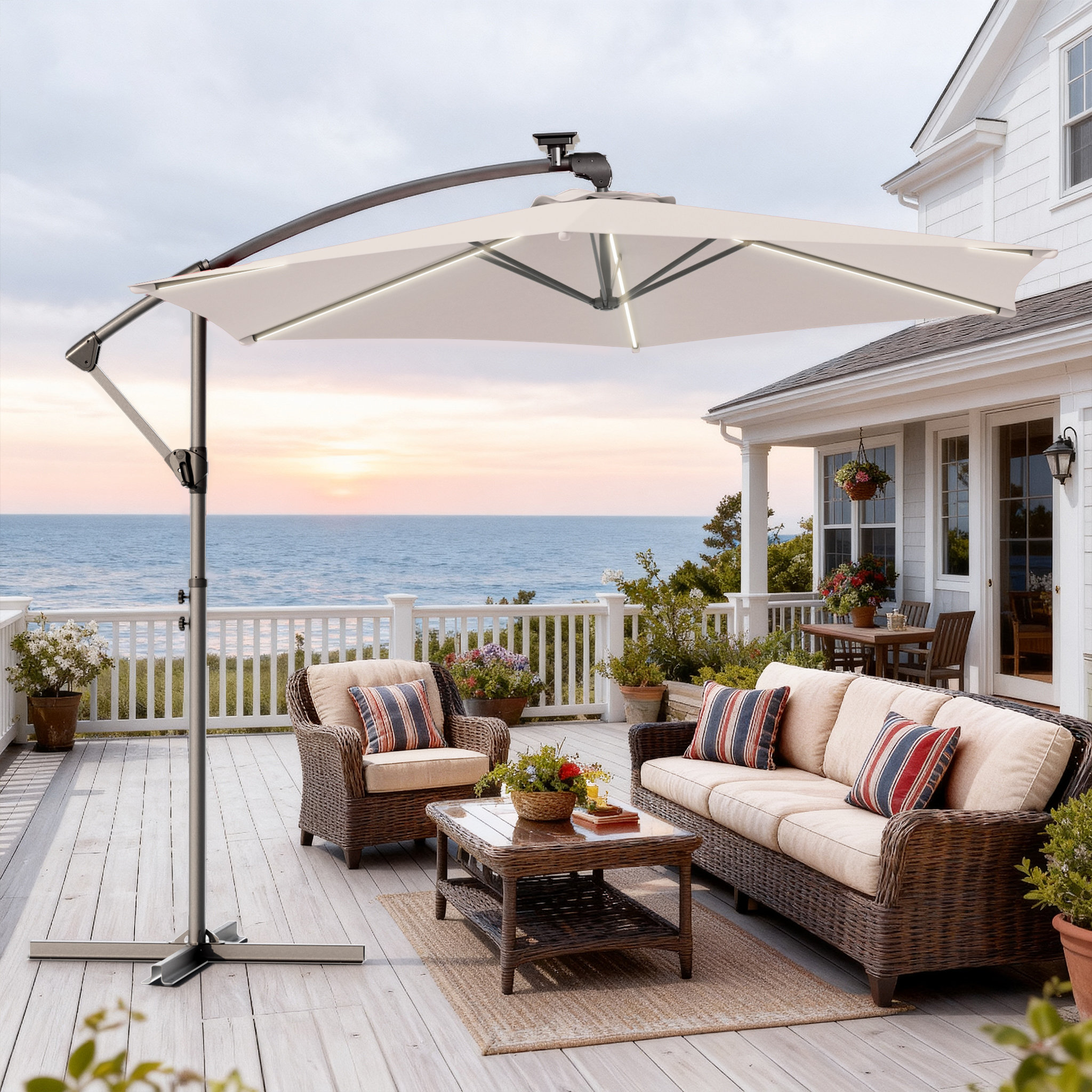bambrella patio umbrella b Bambrella 8.5 Ft. Octagonal Bamboo Levante Market Umbrella Set w/ 110 Lb.  Freestanding Base in Ocean Blue