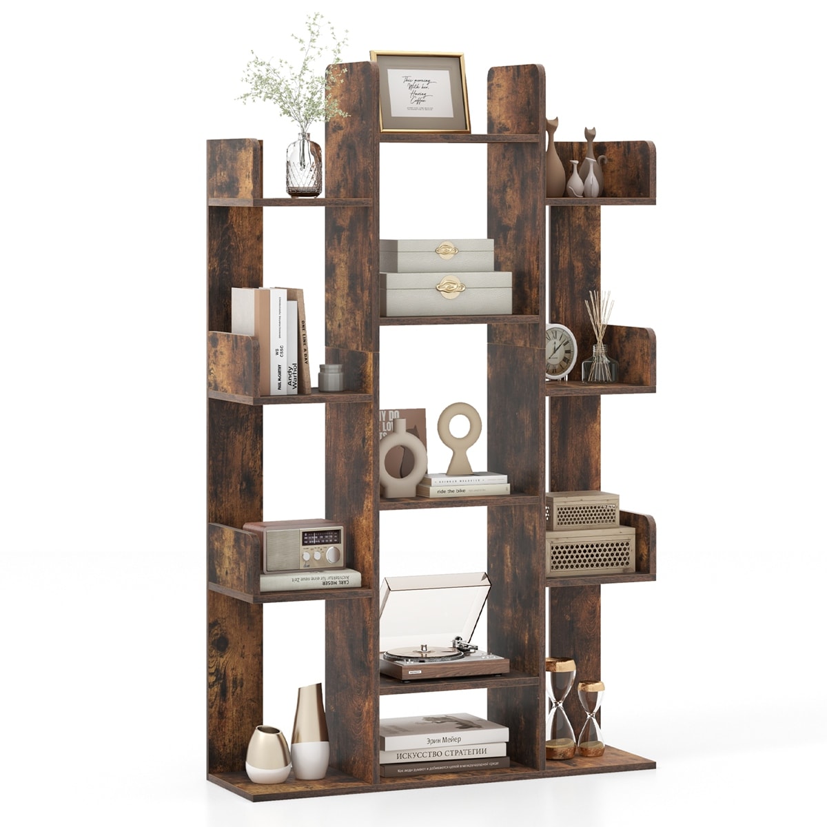 Costway HW67565CF 1 PCS Bookshelf Tree-Shaped Bookcase with 13 Storage Shelf Rustic Industrial Style Rustic Brown