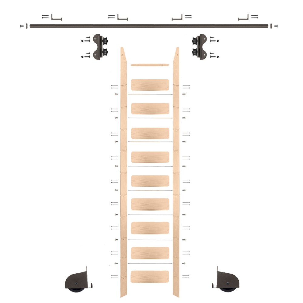Quiet Glide QG.240-10RO-08-H.07 10 ft. Red Oak Library Ladder Bronze Contemporary Rolling Ladder Kit with 8 ft. Rail and Horizontal Brackets