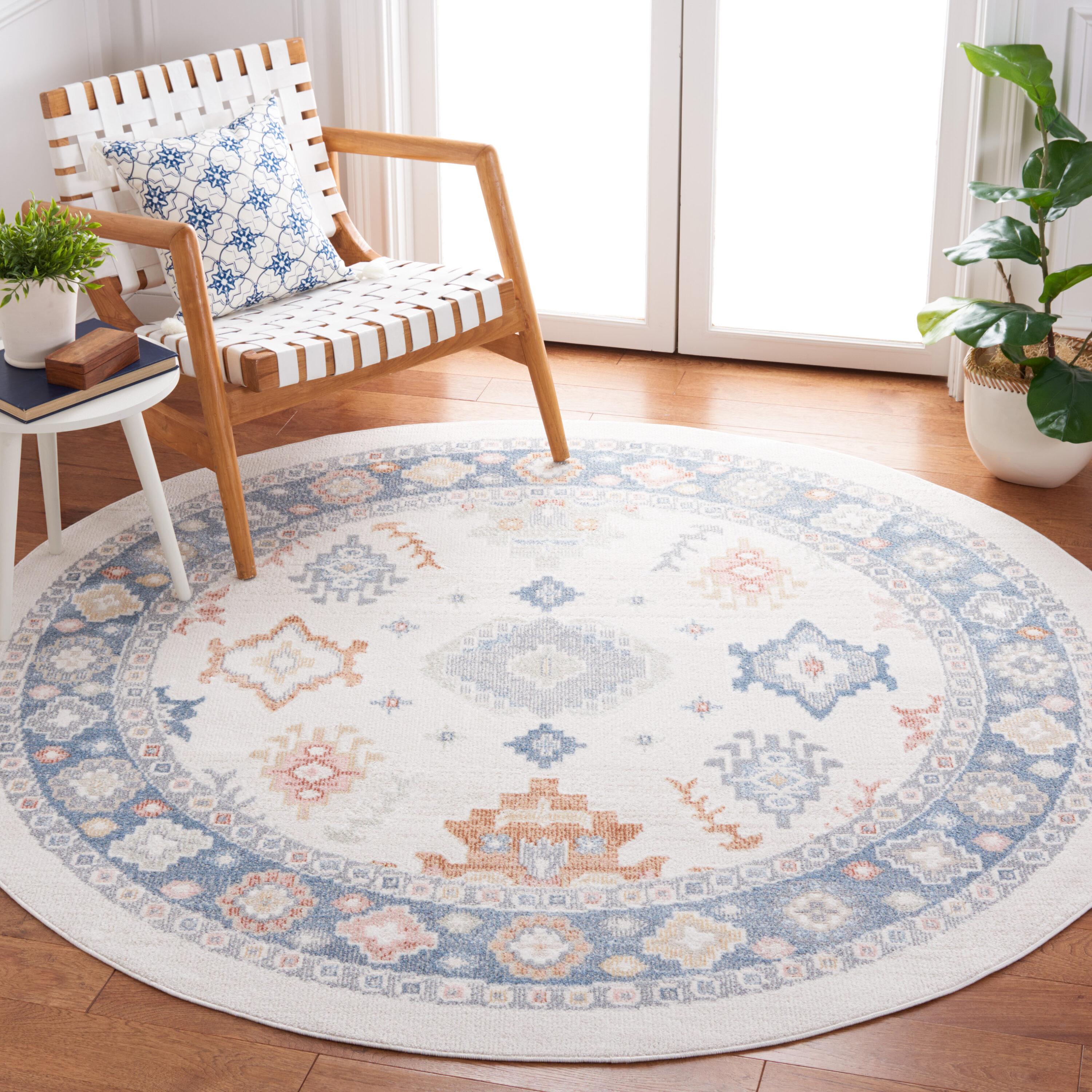 Safavieh BLR218B-7R Blair Washable 7 x 7 (ft) Polyester Beige/Blue Round Indoor Border Machine washable Area rug