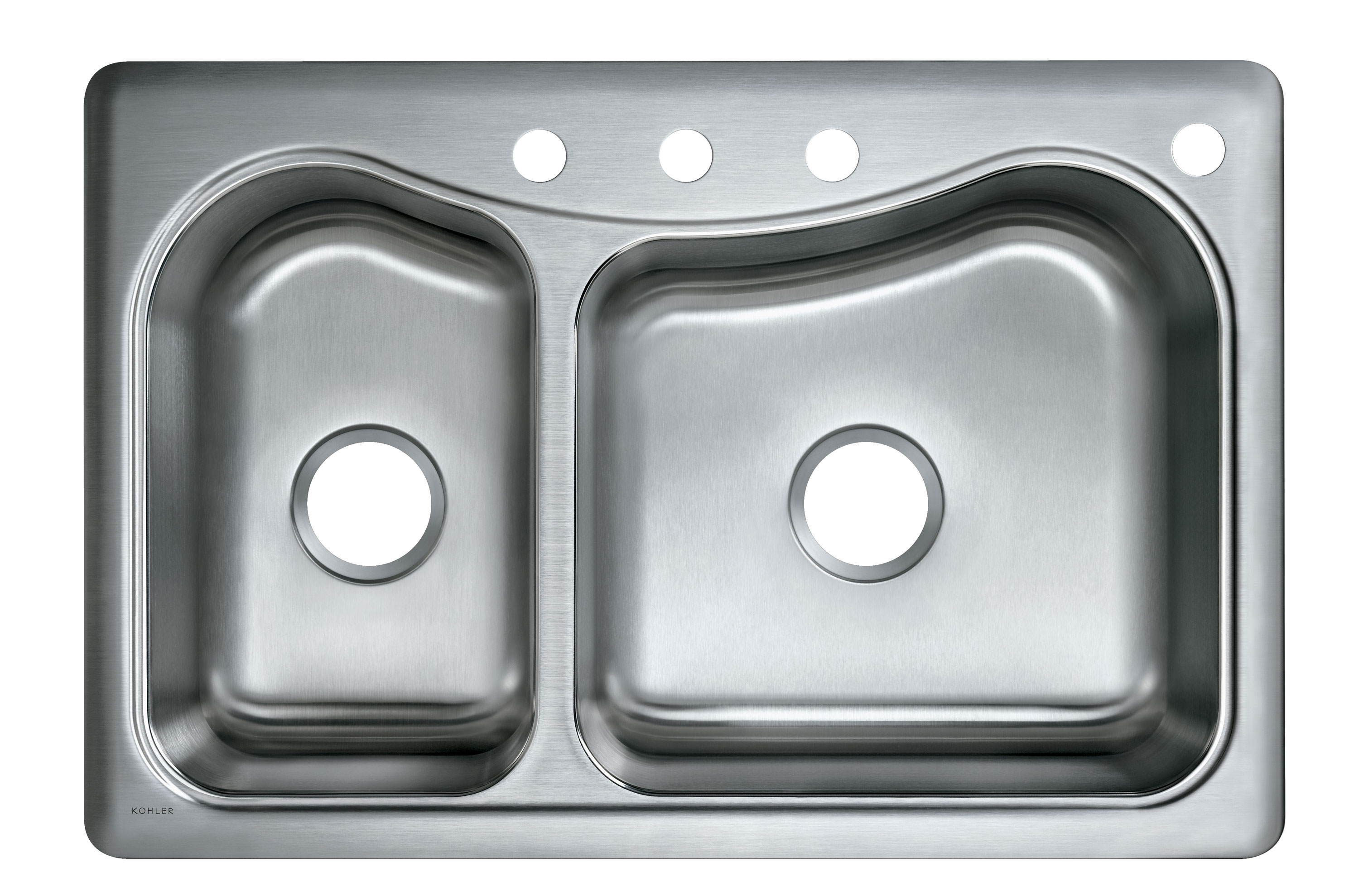 KOHLER Staccato Drop-In 33-in x 22-in Stainless Steel Double Offset Bowl  4-Hole Kitchen Sink at