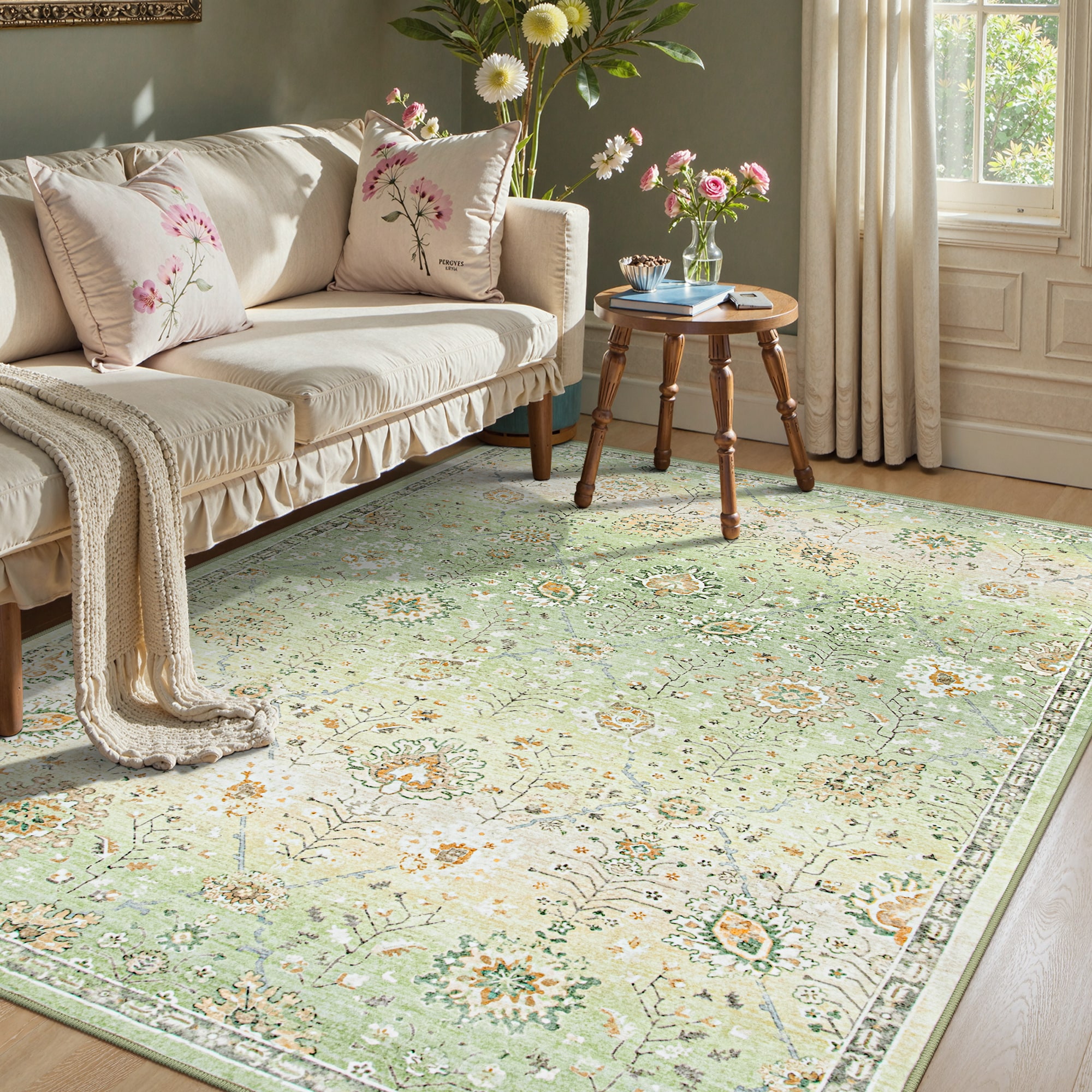 Lahome AR-DYR-201-G1 5 x 7 (ft) Green Vintage Full Coverage Classic Short Pile Velvet Rectangular Indoor Area Rug