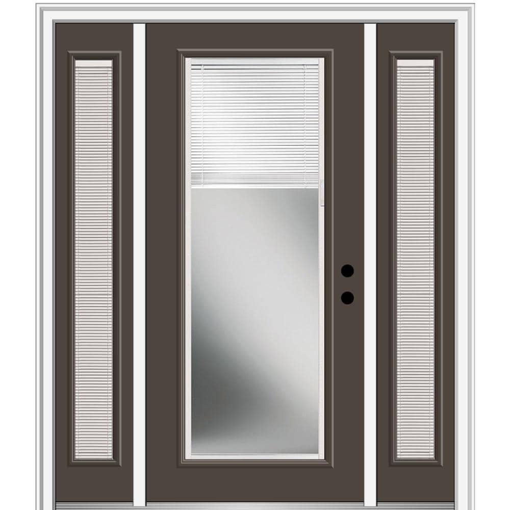 MMI DOOR ZZ13885L 60-in x 80-in x 4-9/16-in Fiberglass Full lite Left-hand inswing Brown Painted Prehung Front Door with Sidelights with Brickmould Insulating core with Blinds