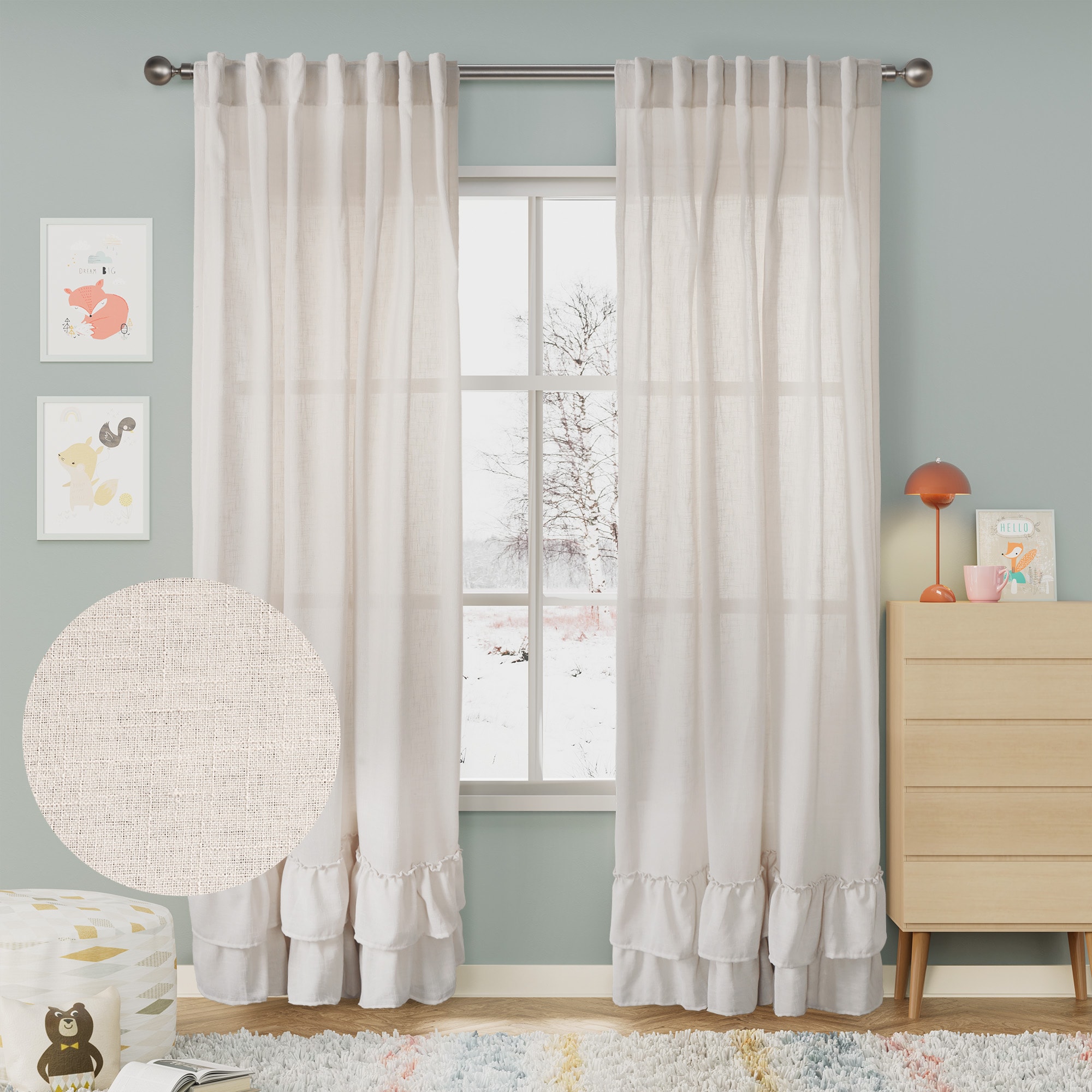 52-in W x 96-in L Natural Linen Texture Double Ruffle Back Tab Panel Pair