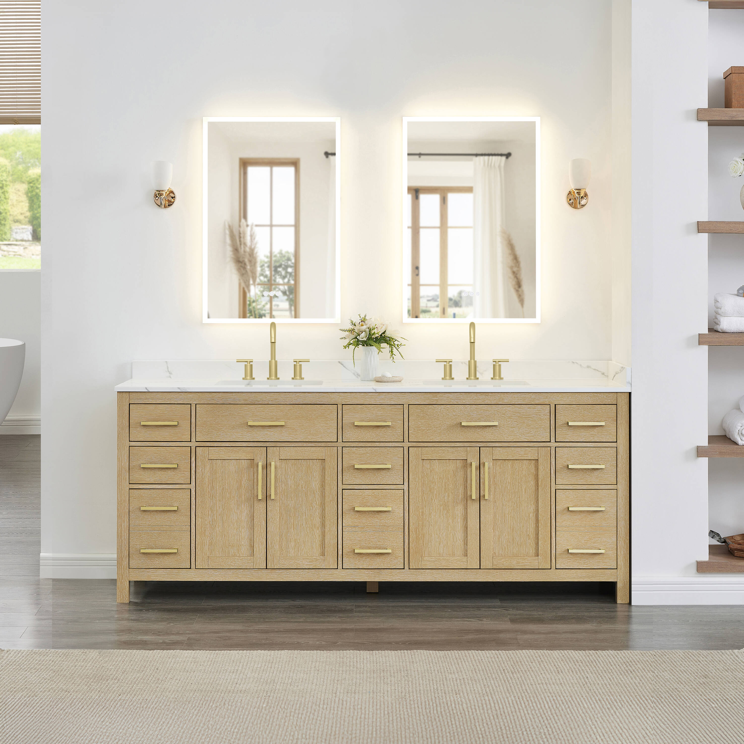 Wyndham Collection Beckett 84-in Whitewashed Oak with Brushed Gold Trim Undermount Double Sink Bathroom Vanity with Giotto Quartz Quartz Top