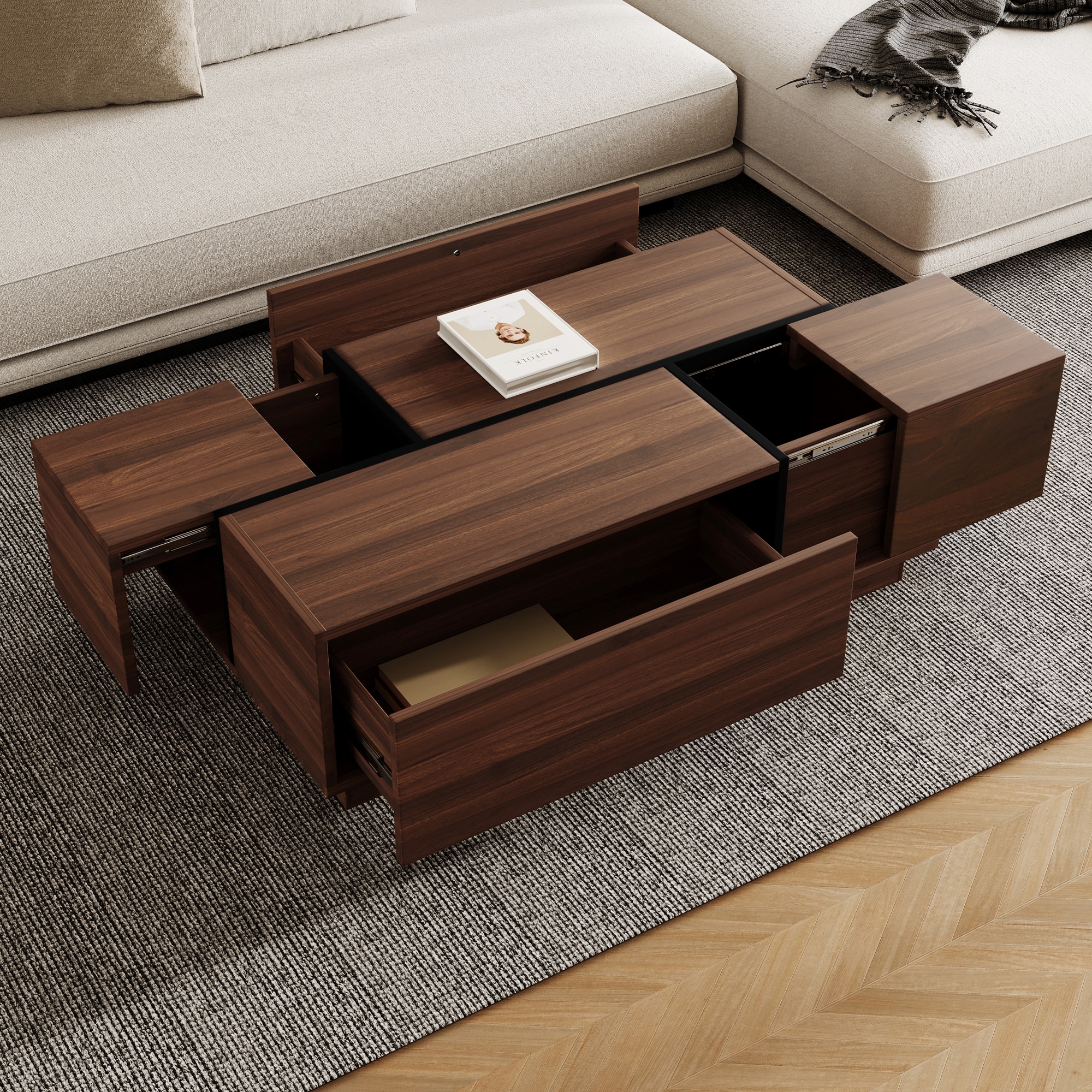 ModernLuxe L3P-N735P250955D Rectangular Sliding Top Coffee Table with 2 Drawers and 2 Hidden Storage for Living Room 47.2inch Walnut