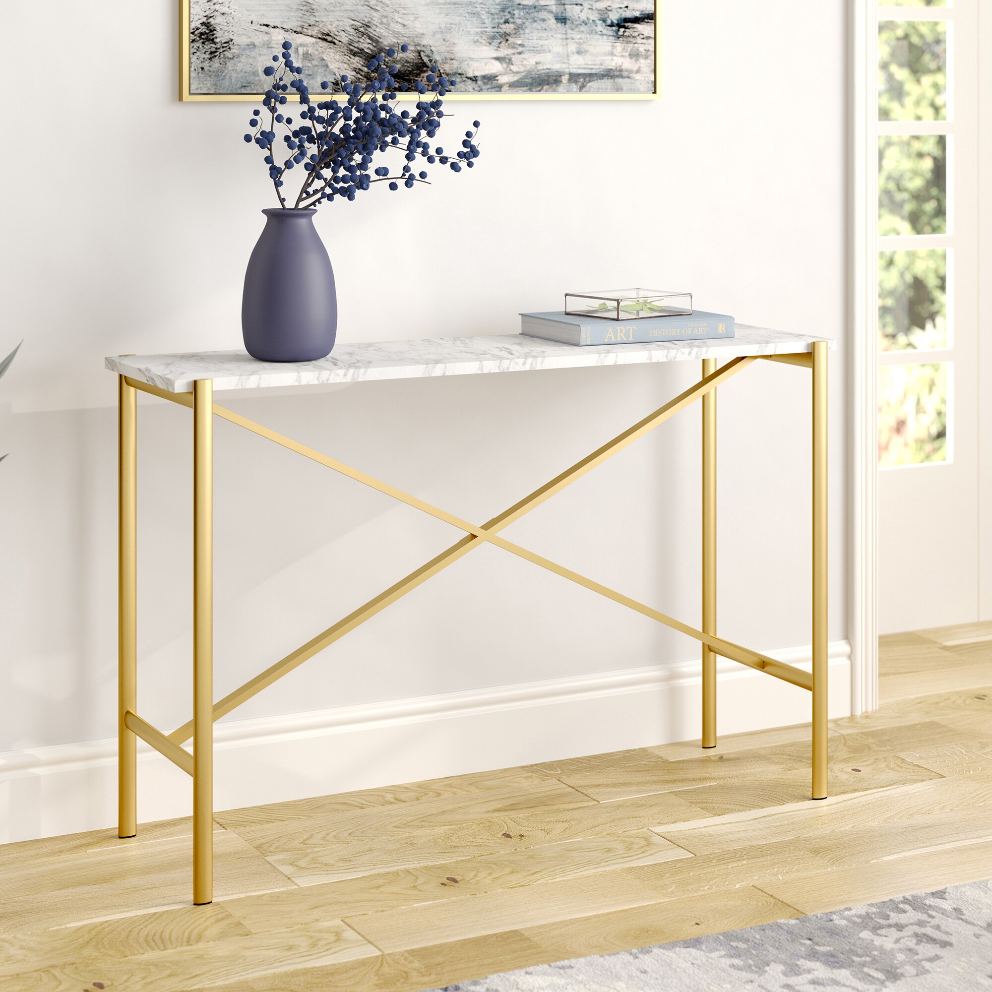Braxton 46" Gold Finish Console Table with Faux Marble Top