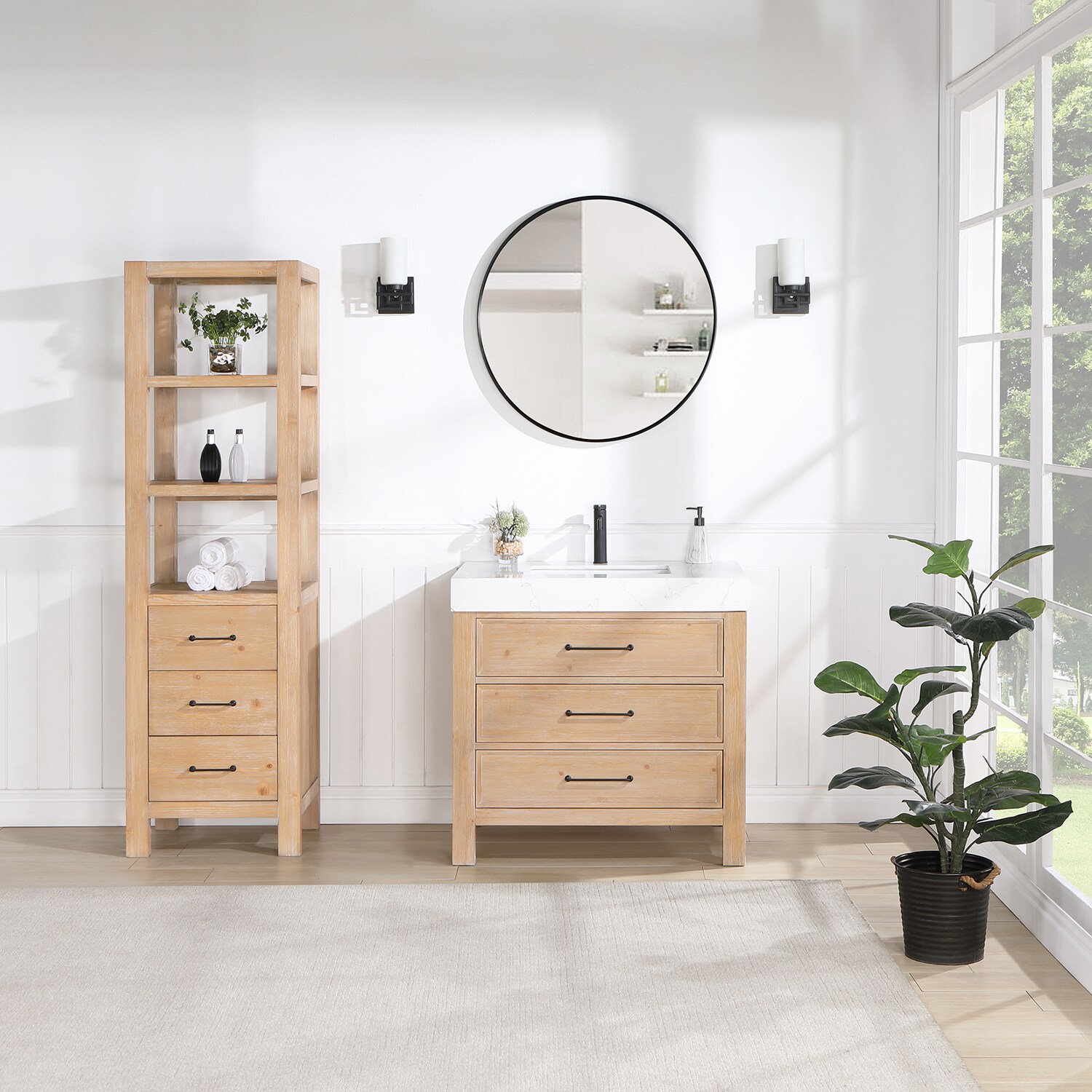 Vinnova 703836-FN-LW León 36-in Fir Wood Brown Finish Undermount Single sink Bathroom Vanity with Lightning White Engineered stone Top (Mirror Included)