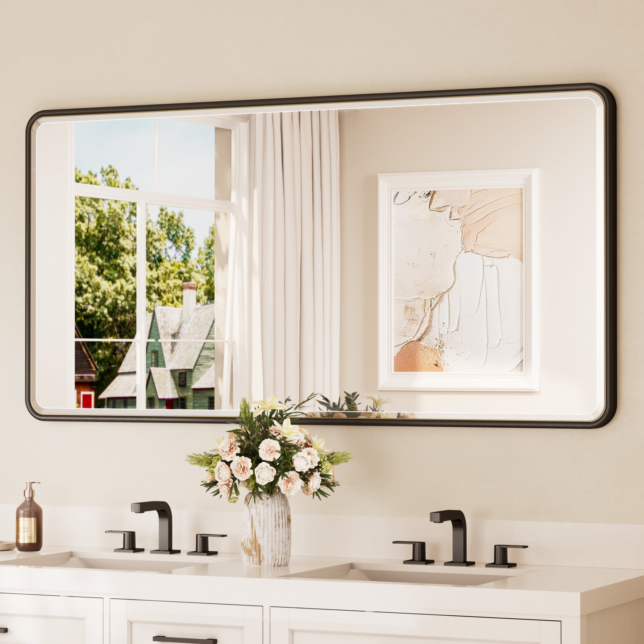 @060912kRmi 商品 Keonjinn 60-in W x 30-in H Rectangle Black Beveled Wall Mirror in