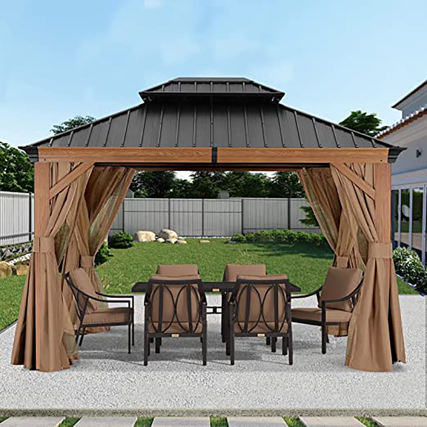 ABCCANOPY 12-ft X 10-ft Rectangle Wood Looking Metal Steel Roof Gazebo ...