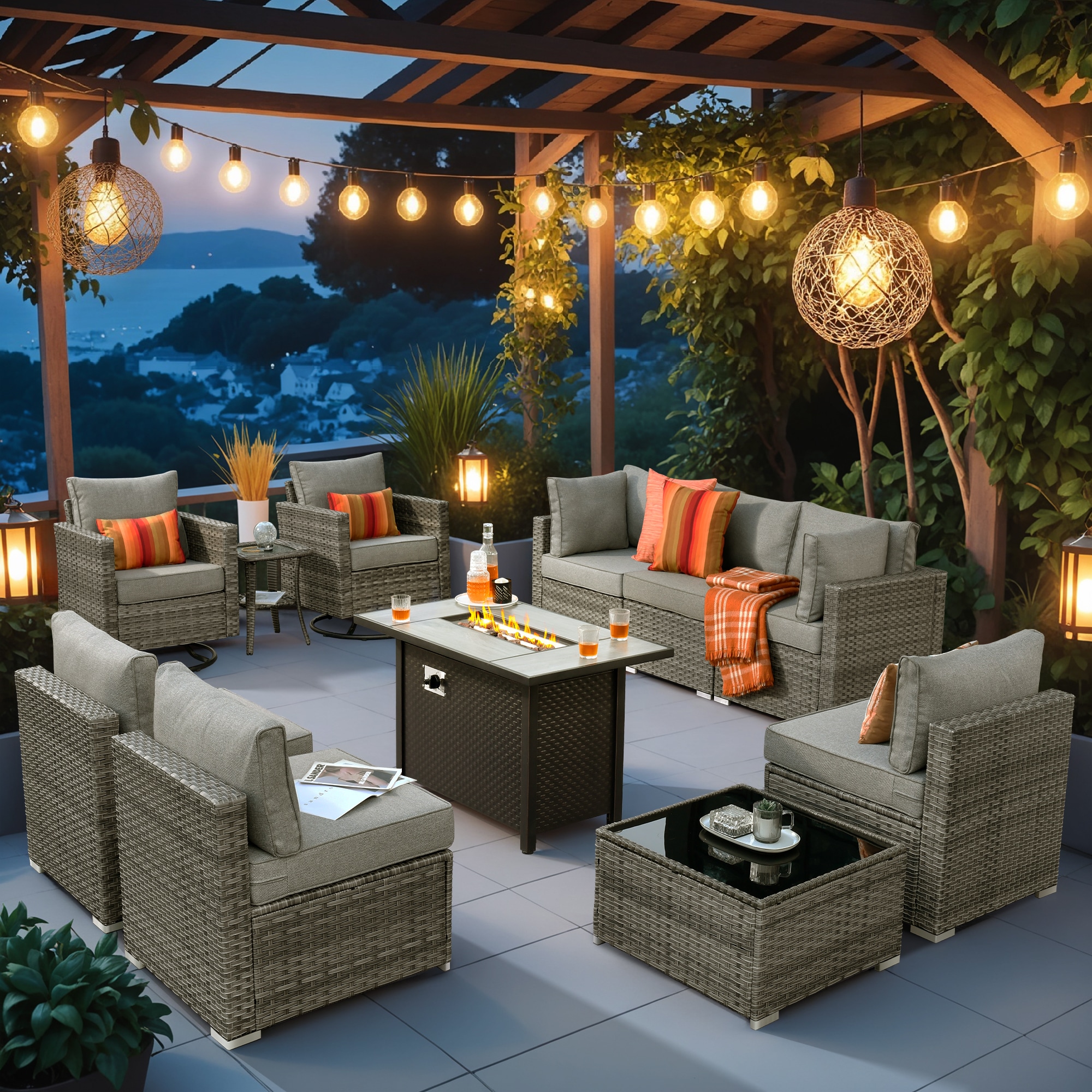 XIZZI XIHOPS206-RC3IFP Sunrise 11 -Piece Rattan Patio Sofa Conversation Set with Dark Gray Cushions