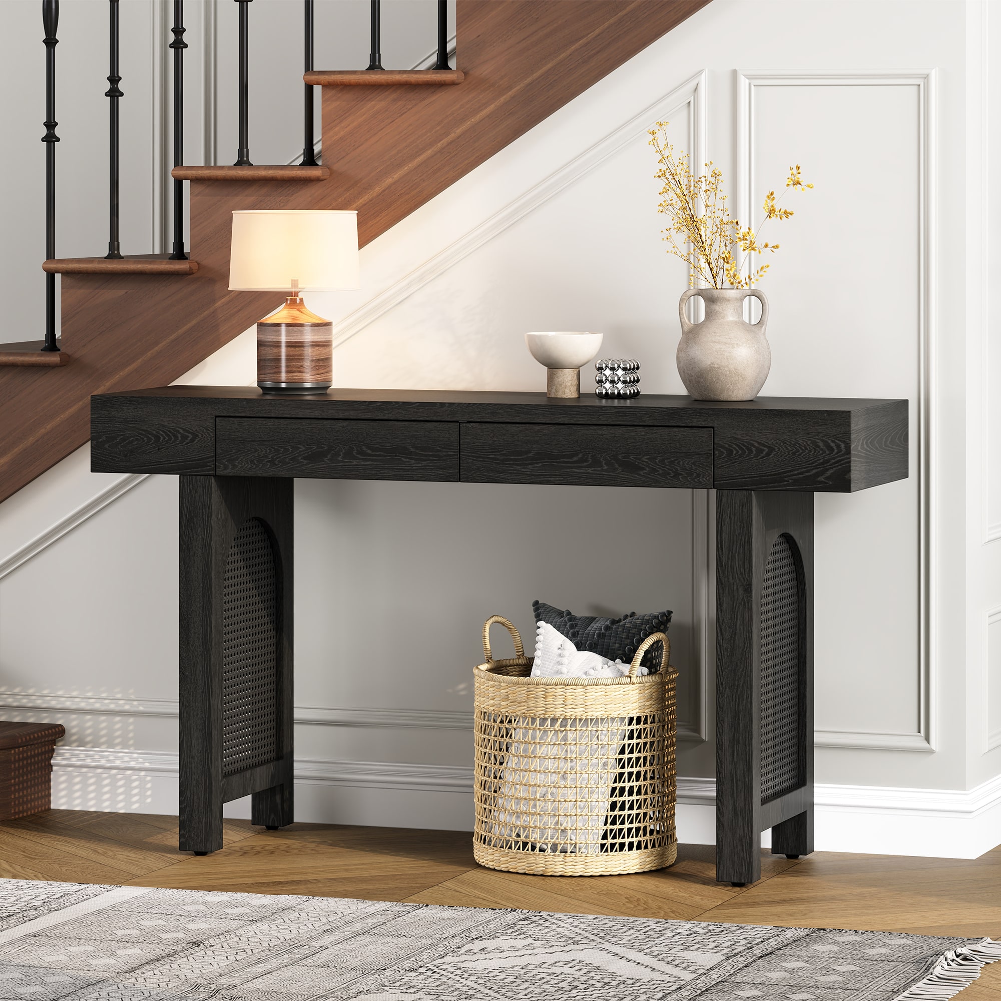 ModernLuxe N715P223098B Narrow Console Table with Rattan Accent Natural Wood Finish Entryway Table with Storage Drawers Stylish Rustic Sofa Table for Living Room and Hallway Antique Black