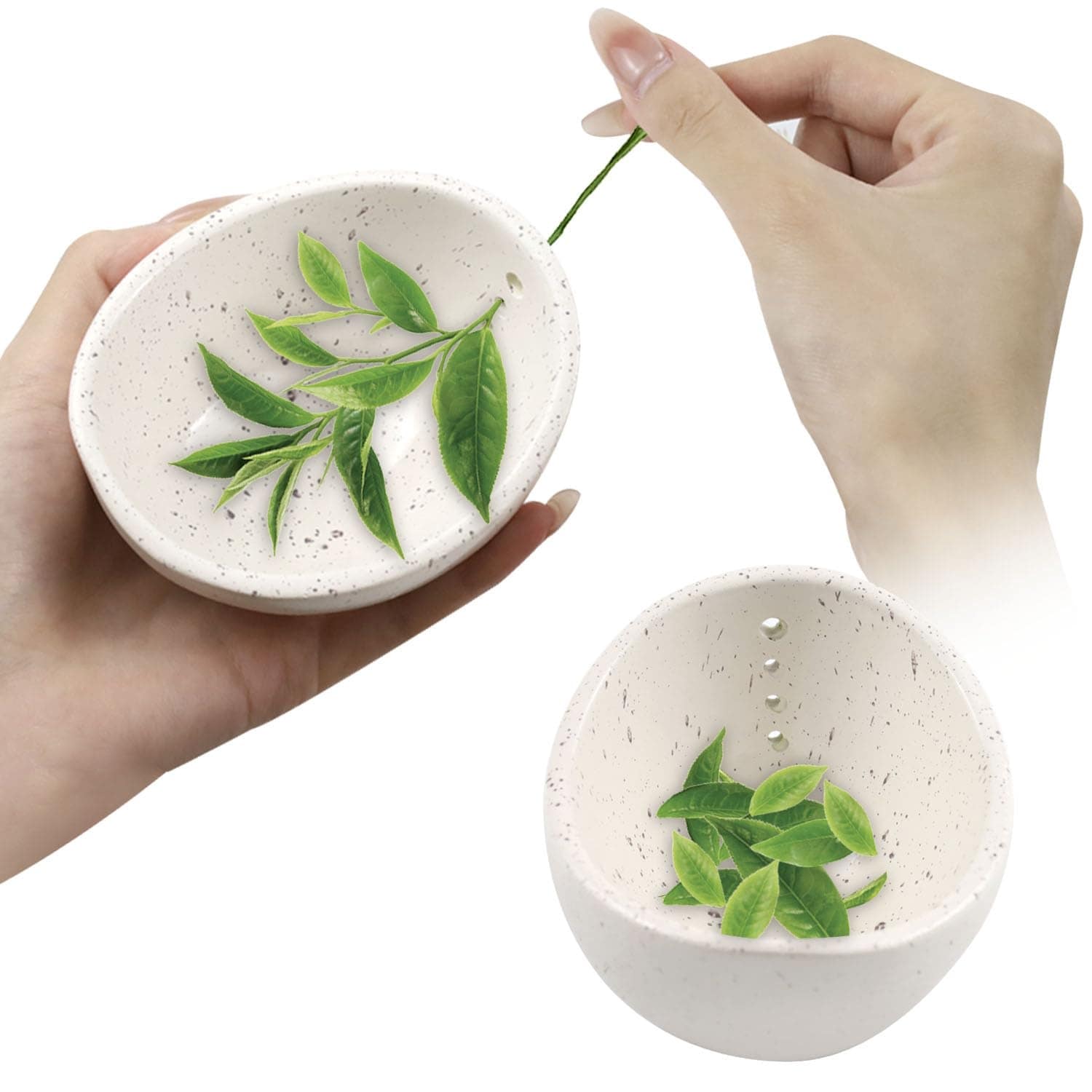 Aoibox  Handmade Ceramic Herb Stripper Bowl with Non Slip Silicone Grip and Multiple Aperture Sizes for Kitchen