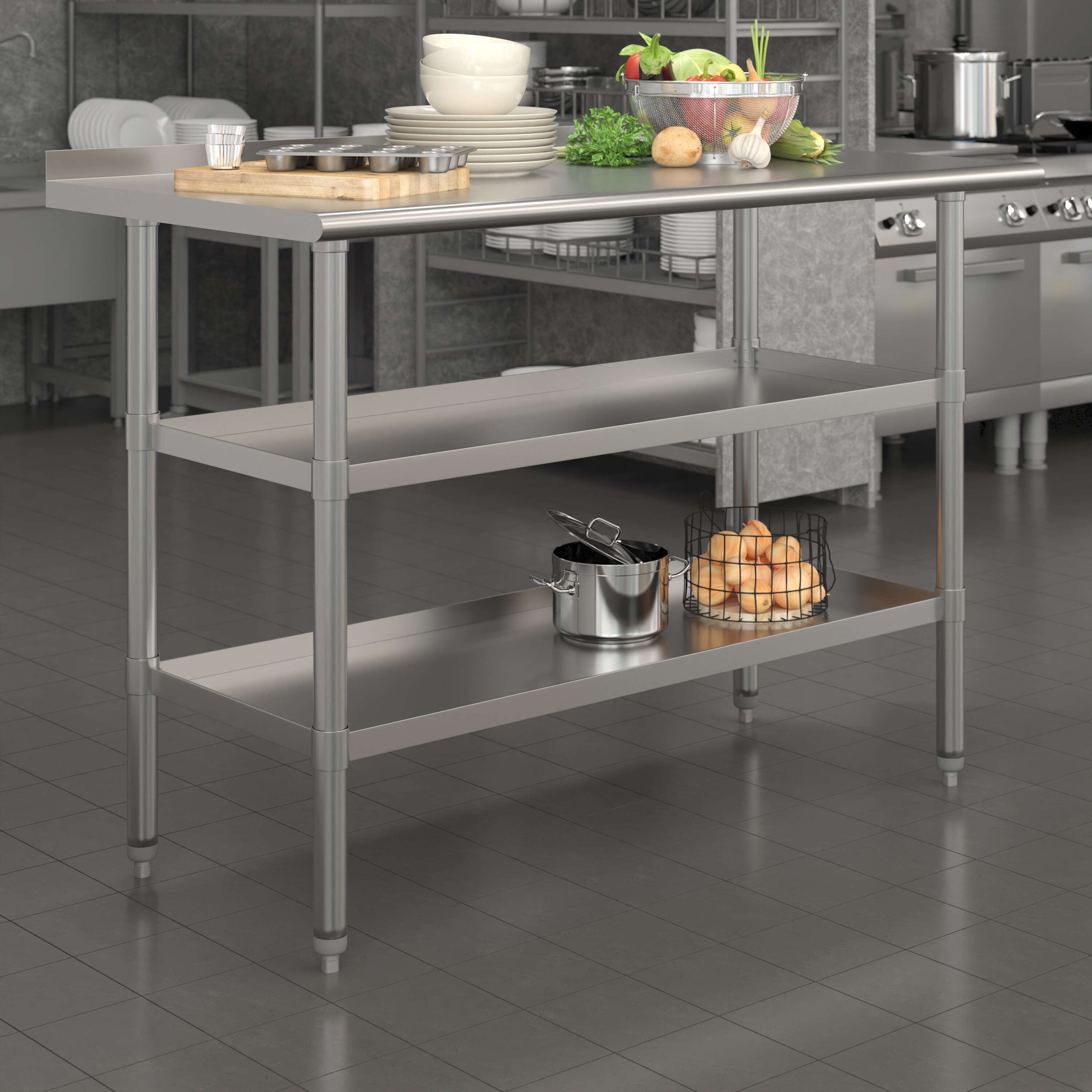 48" Silver Stainless Steel Kitchen Work Table with Backsplash and Shelves