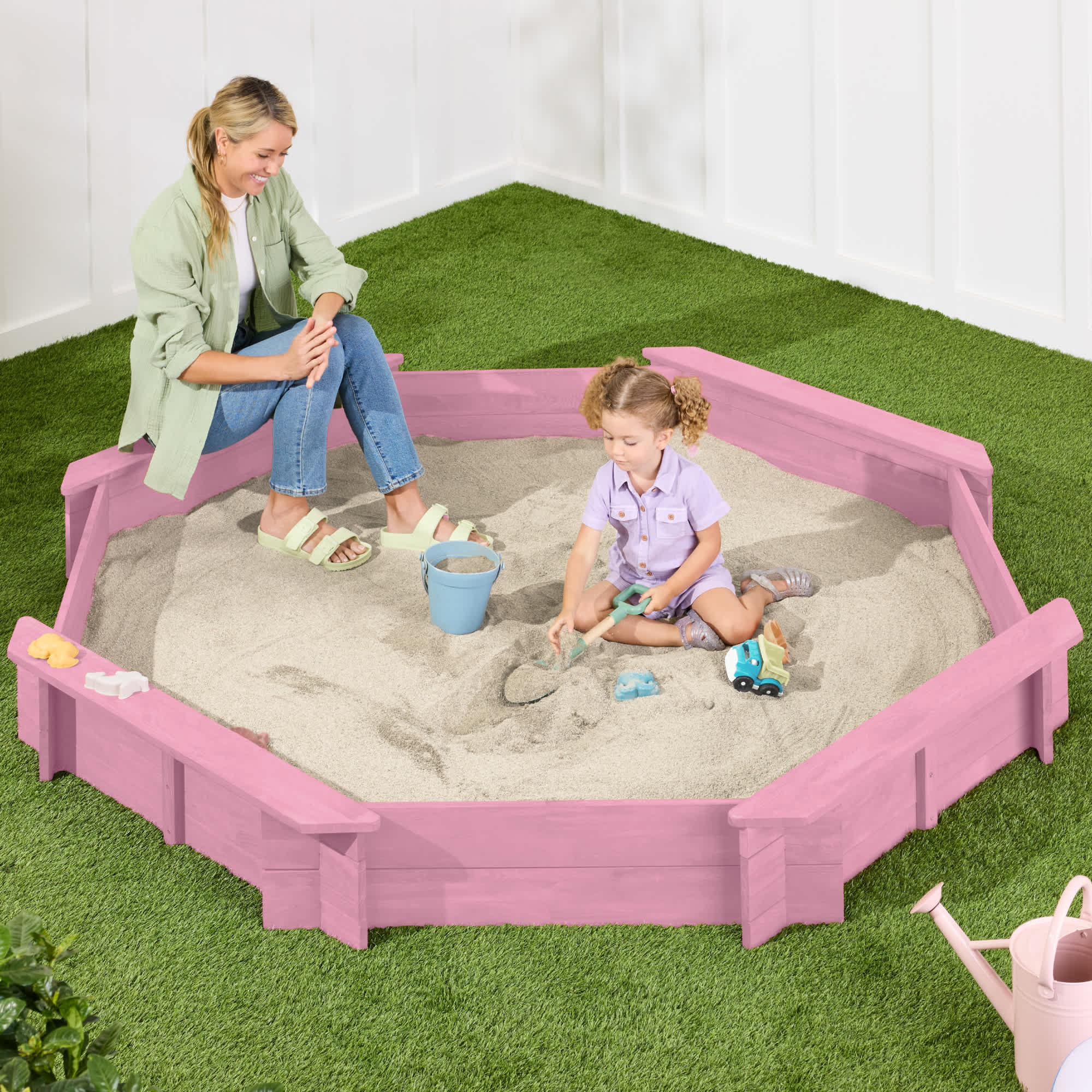 Best Choice Products  Kid's Octagonal Wooden Outdoor Sandbox w/ Benches 8 Seats Cover XL Sandpit Liner - Pink
