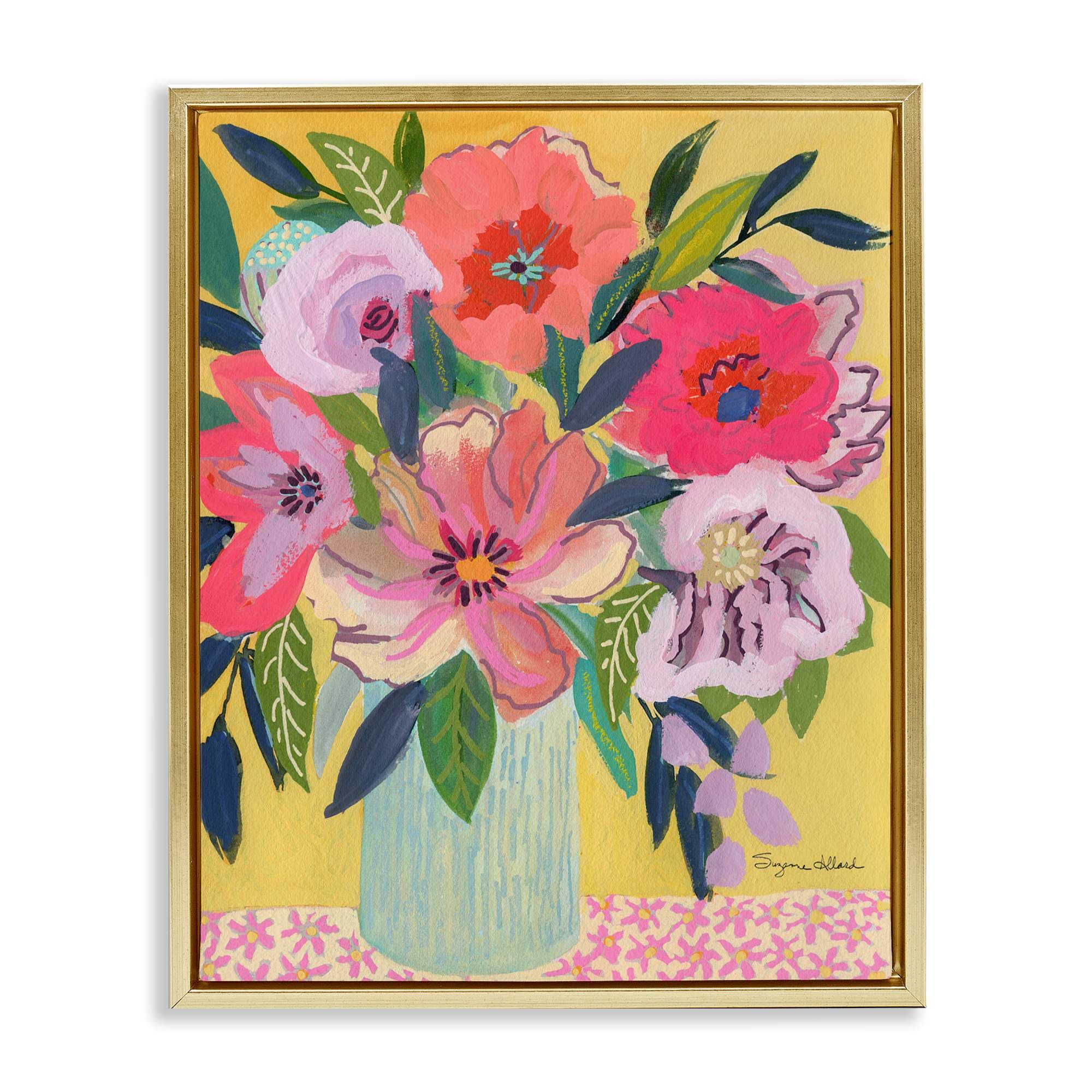 Stupell Industries BT-314-FFG-24X30 Vibrant Pink Bouquet on Yellow Gold Framed Floater Canvas Wall Art By Suzanne Allard 25 x 31