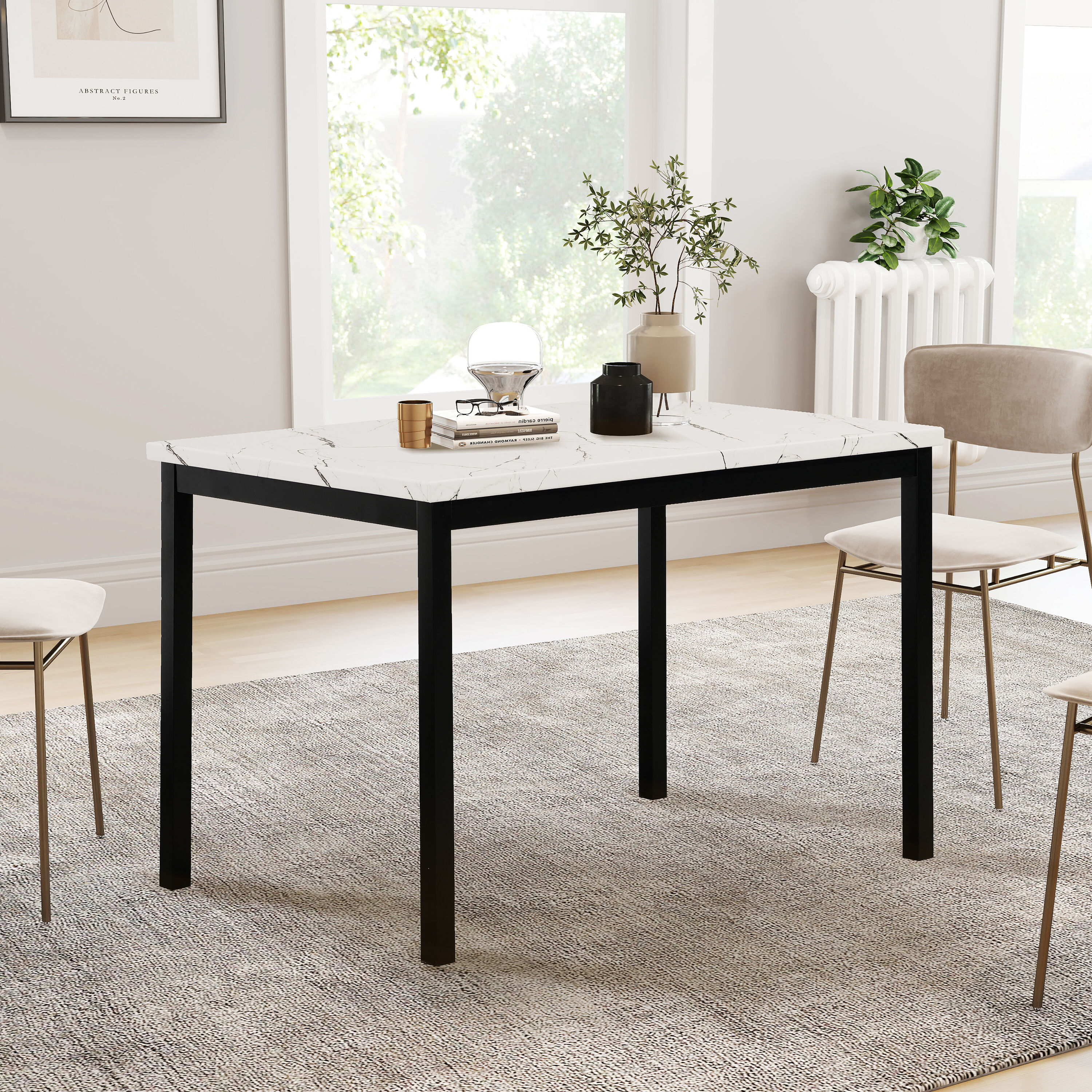Contemporary Rectangular Faux Marble Dining Table with Black Metal Legs
