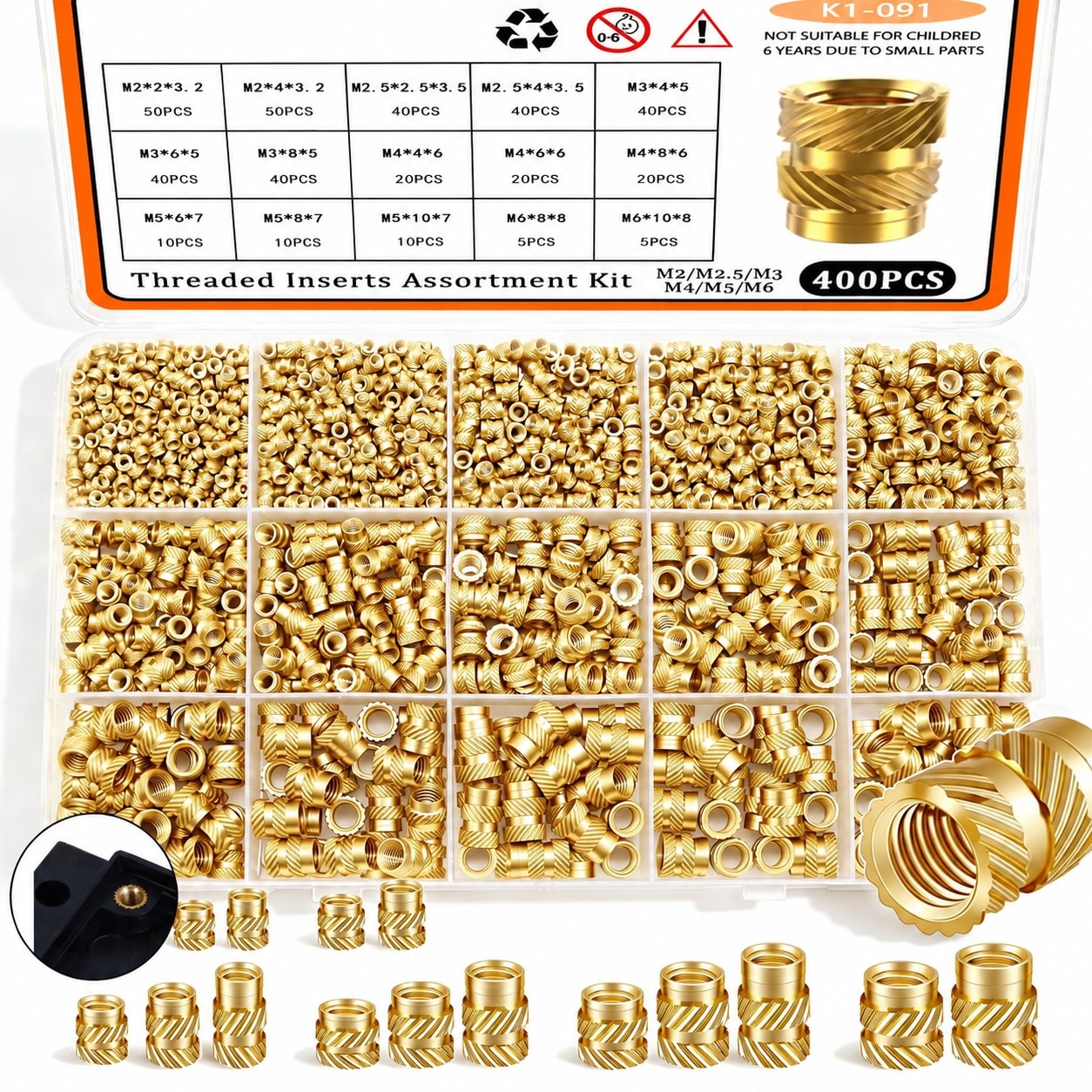 Mikiotto 400 pcs Heat Set Threaded Inserts Kit Brass Metric Knurled ...