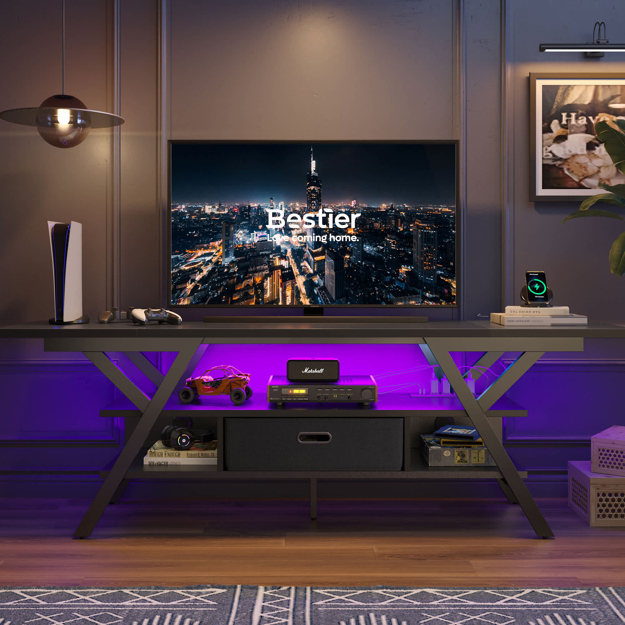 Bestier LOW-L100817EUS-BDCF 70.08-in W Black Gaming TV Stand for TVs up to 75 inches with Power Outlets Gaming Entertainment Center with LED Light