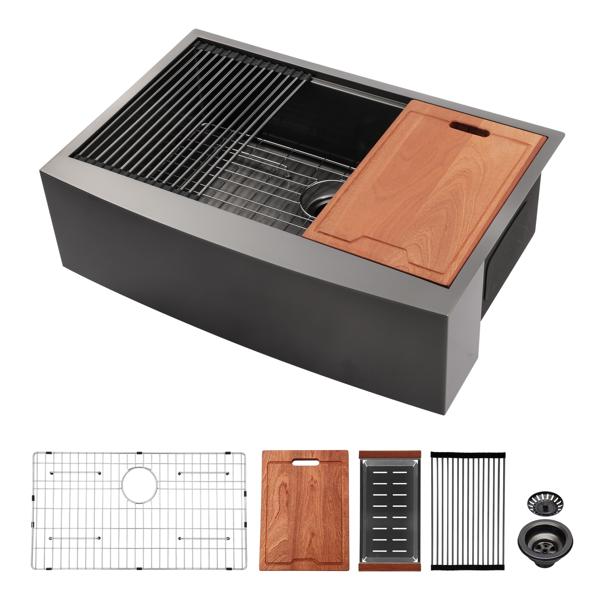 LOVMOR  30-in x 22-in Apron Front Stainless Steel Single Bowl Gunmetal Black Kitchen Sink with Drain and Bottom Grid