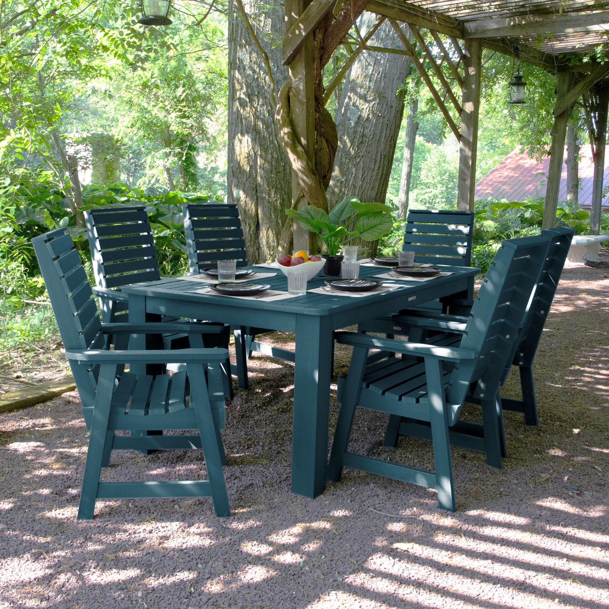 highwood AD-ST7WL1CO4AA-NBE Weatherly 7 -Piece Nantucket Blue Patio Dining Set Plastic Rectangle Table with 6 Stationary Chairs