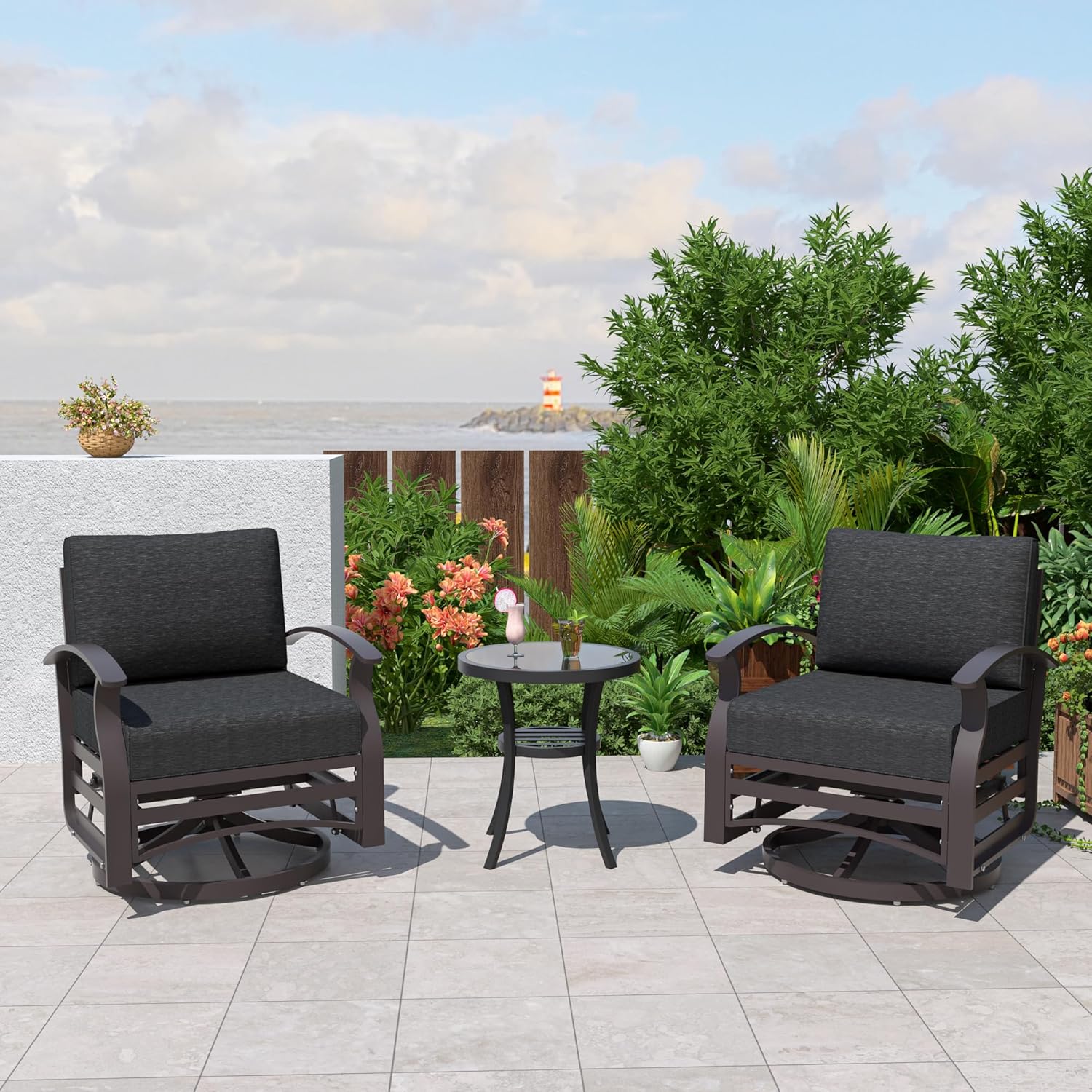 ALAULM LS-ASR-BLACK Aluminum Swivel Rocking Chair Set Set of 2 Brownish Black Aluminum Frame Swivel rocker Rocking Chair with Black Solid Seat