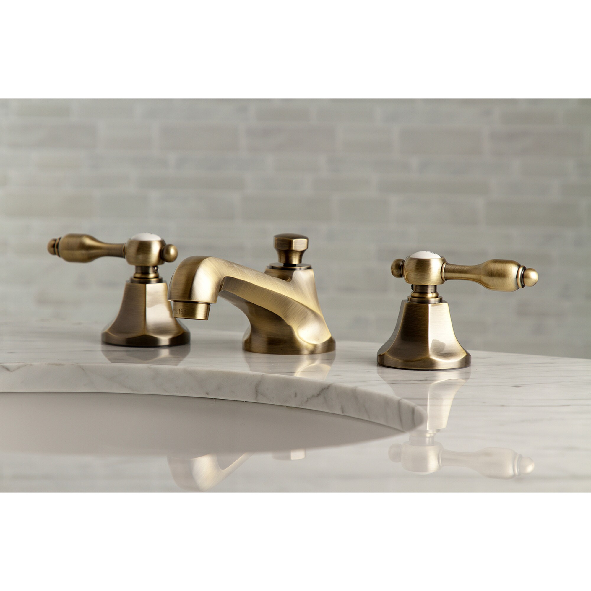 Kingston Brass WLKS4463TAL Tudor Antique brass Widespread 2-handle Low-arc Residential Handle Bathroom Sink Faucet with Drain
