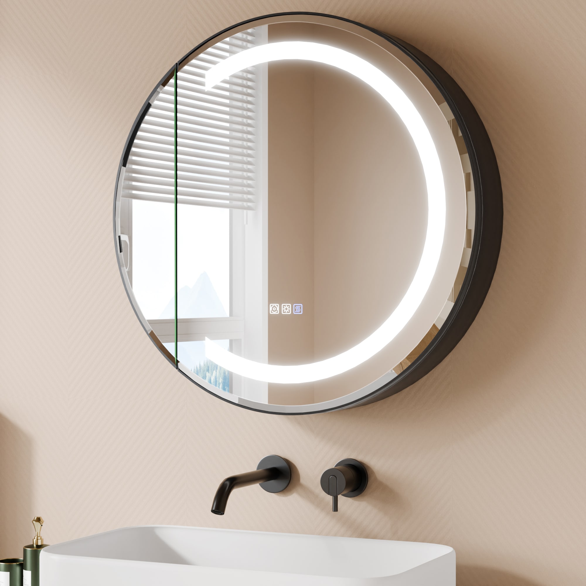 ExBrite EXMC3030V15LB Halo 30-in x 30-in Lighted LED Fog Free Surface Mount Matte Black Mirrored Round Soft Close Medicine Cabinet