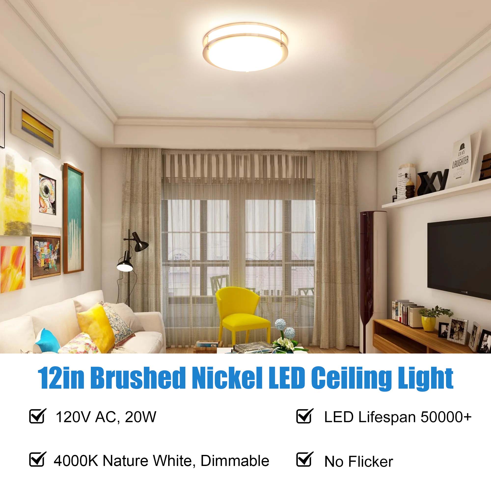 Modern 12" Brushed Nickel LED Flush Mount Ceiling Light, White Acrylic