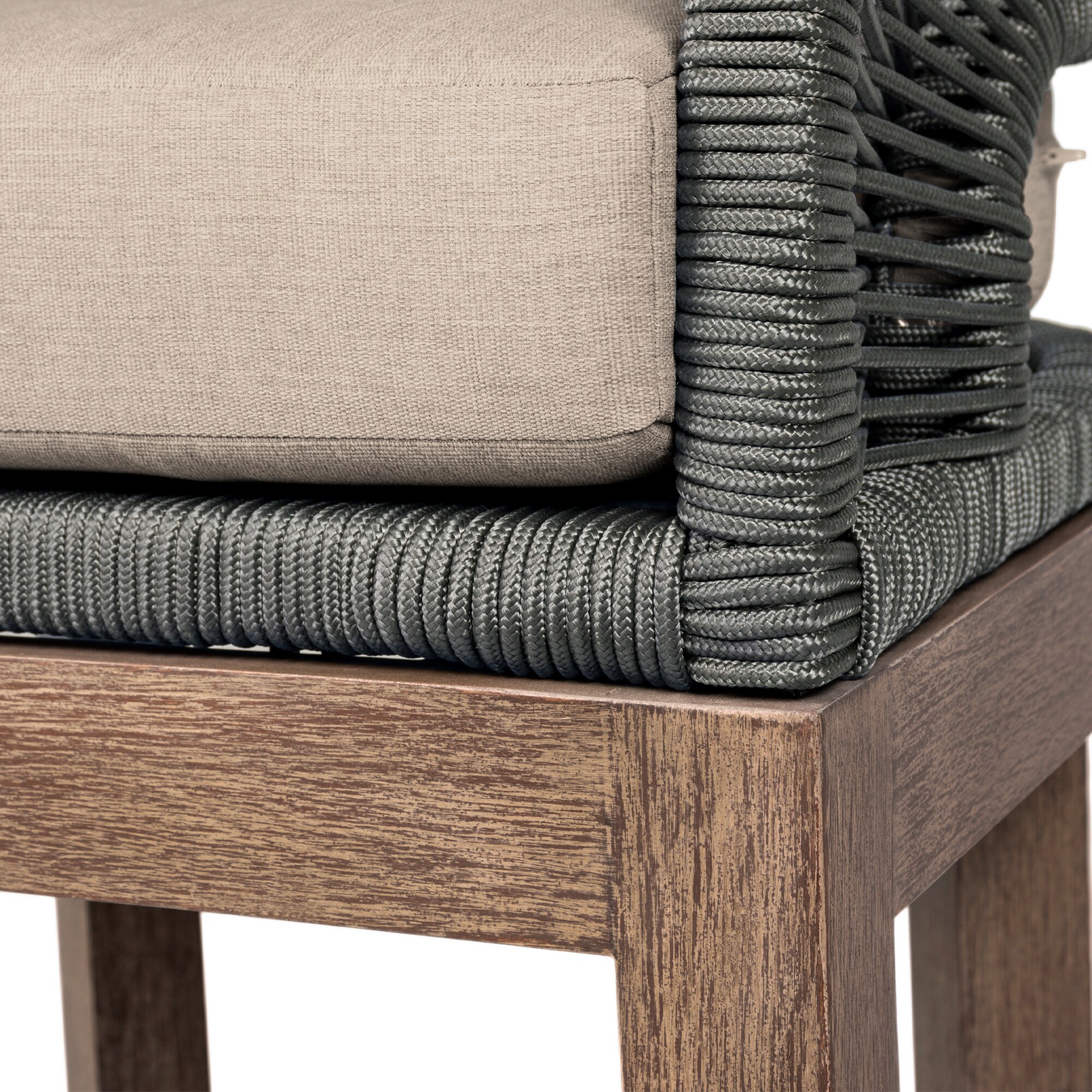 26" Weathered Eucalyptus Outdoor Counter Stool with Gray Rope and Taupe Cushions