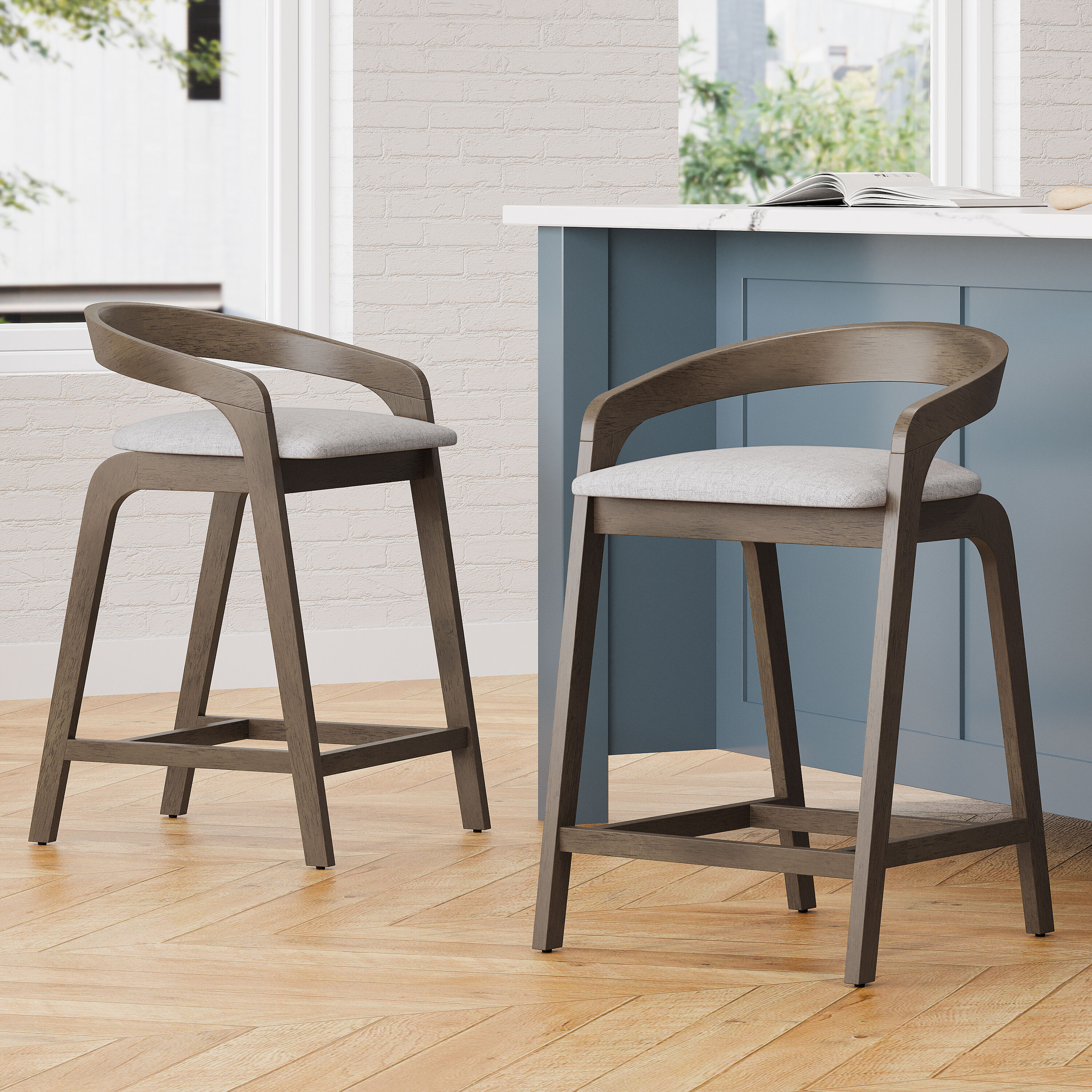 Christopher Knight Home 323905 Calla 25.25 Inch Rubberwood Upholstered Counter Stools (Set of 2) Gray and Beige