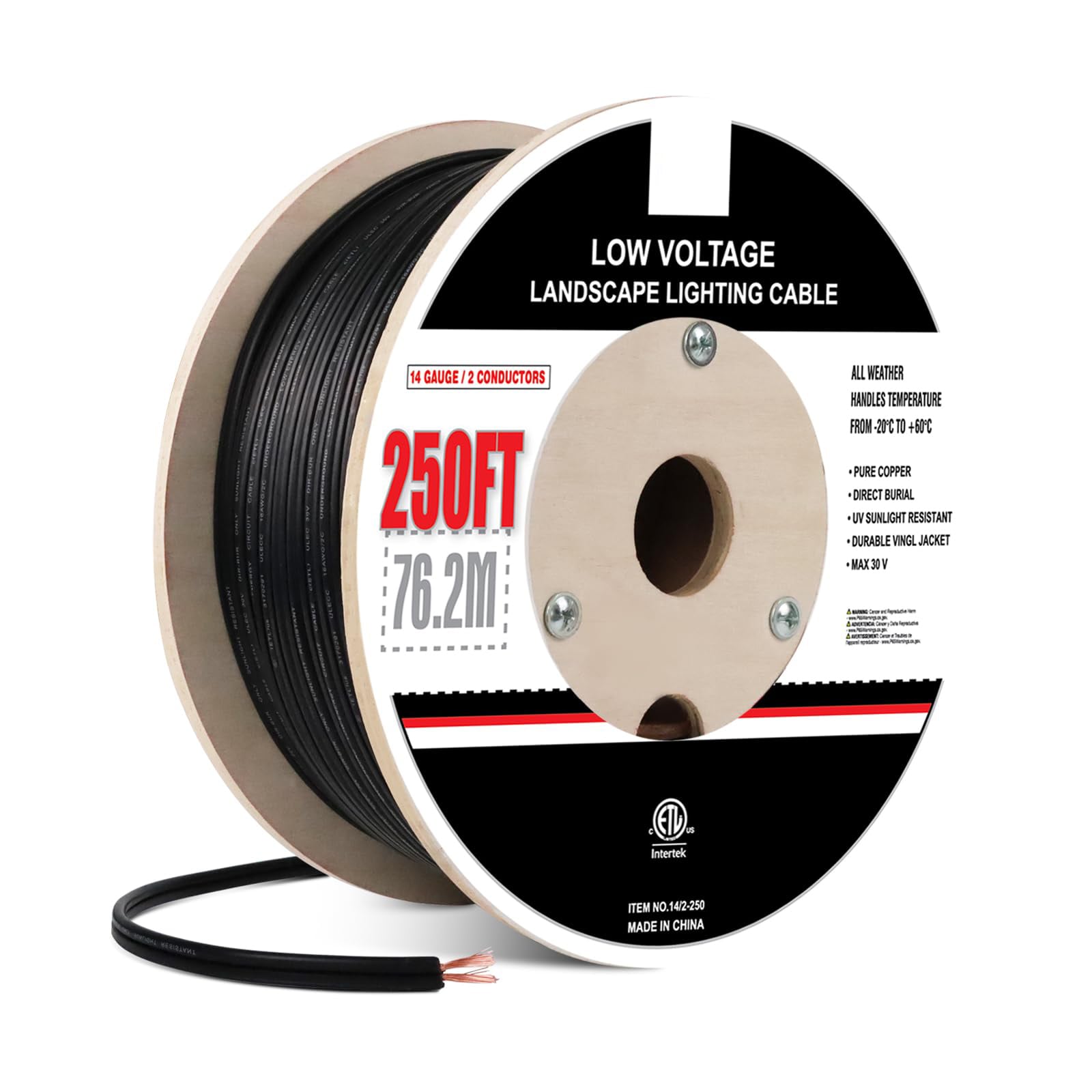Afoxsos 1 Roll 250 ft 12AWG 2 Conductor Low Voltage Landscape Lighting Wire Direct Burial Outdoor Cable Pure Copper ETL Listed 300V Rated