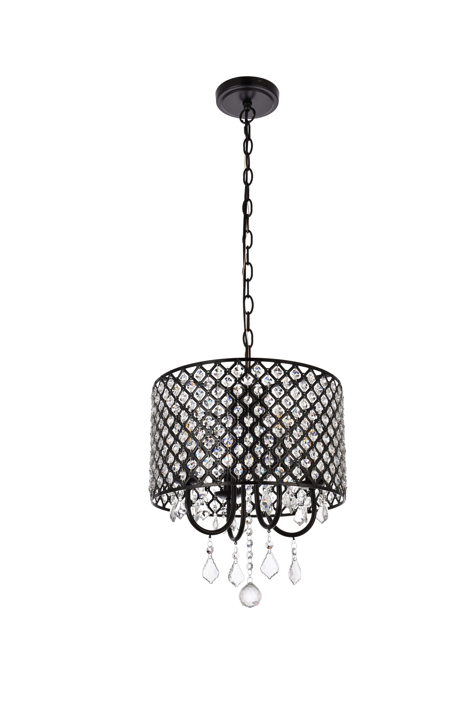 Elegant Crystal and Iron Black Drum Pendant with Lattice Shade
