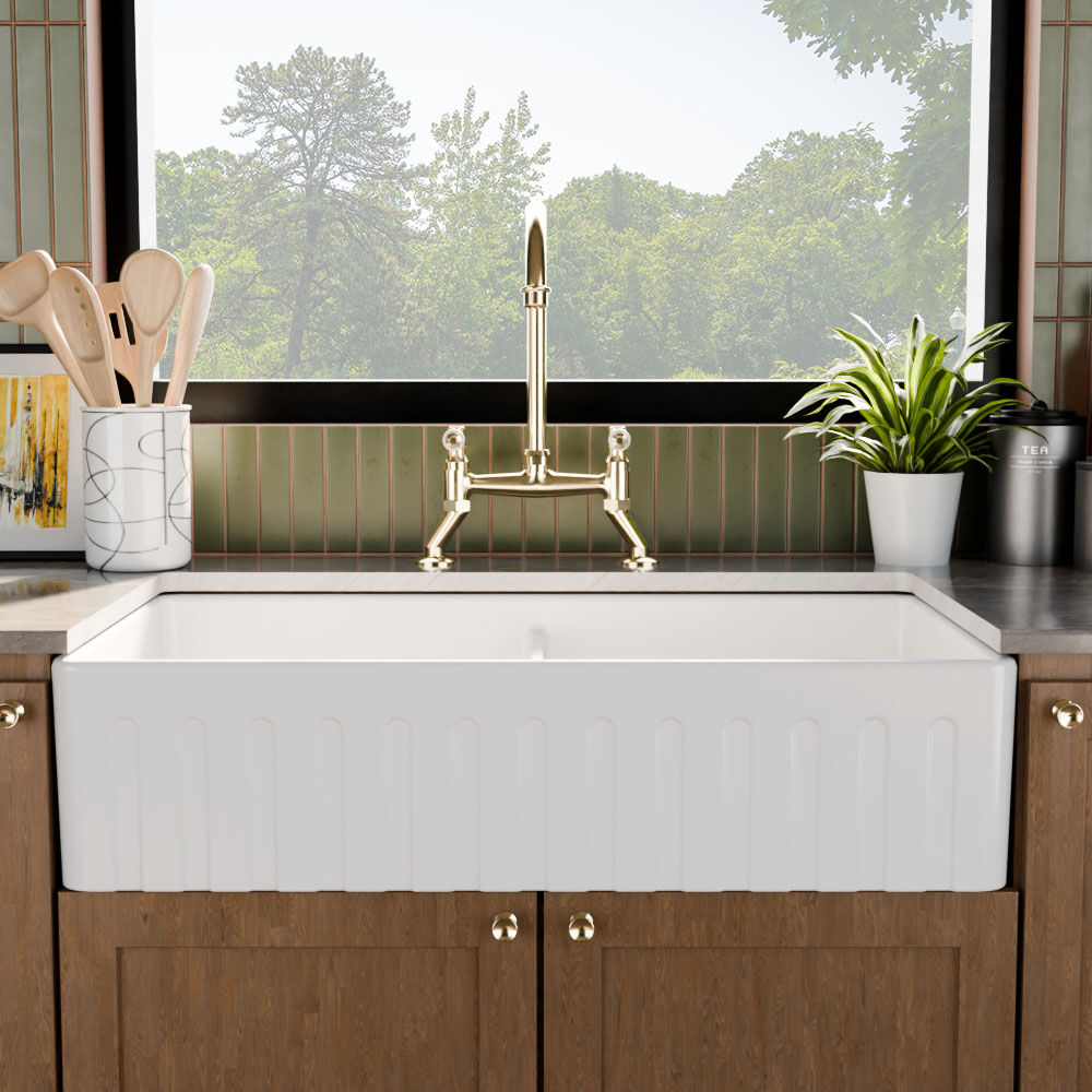 nuie  White Kitchen Sink 33-in x 18-in x 8-in Fireclay Double Bowl 50/50 Apron Front Farmhouse Sink with Stepped Weir Design - Reversible Fluted and Plain
