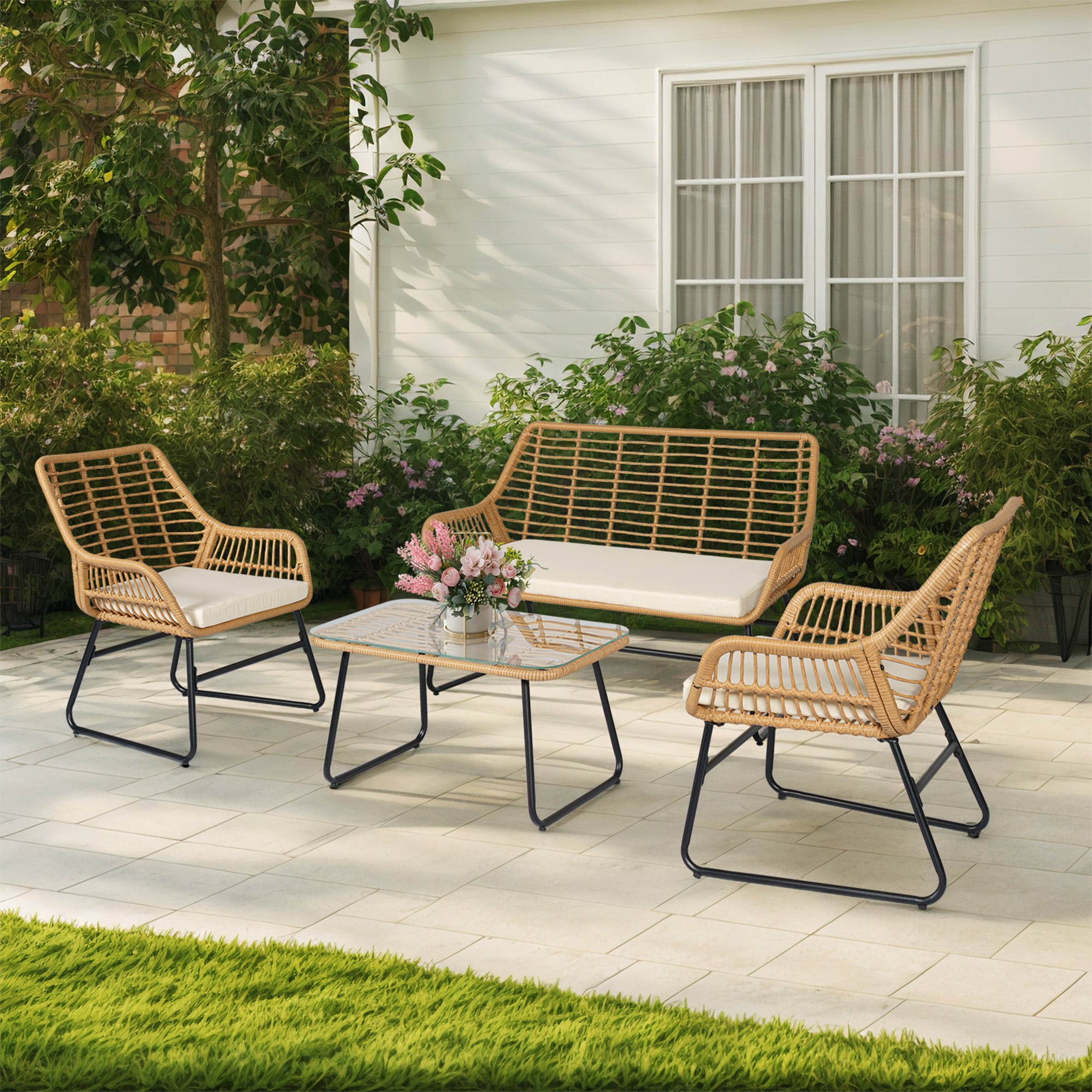 Grearden ZHNF210359-BG 4 -Piece Wicker Patio Conversation Set with Off-white Cushions