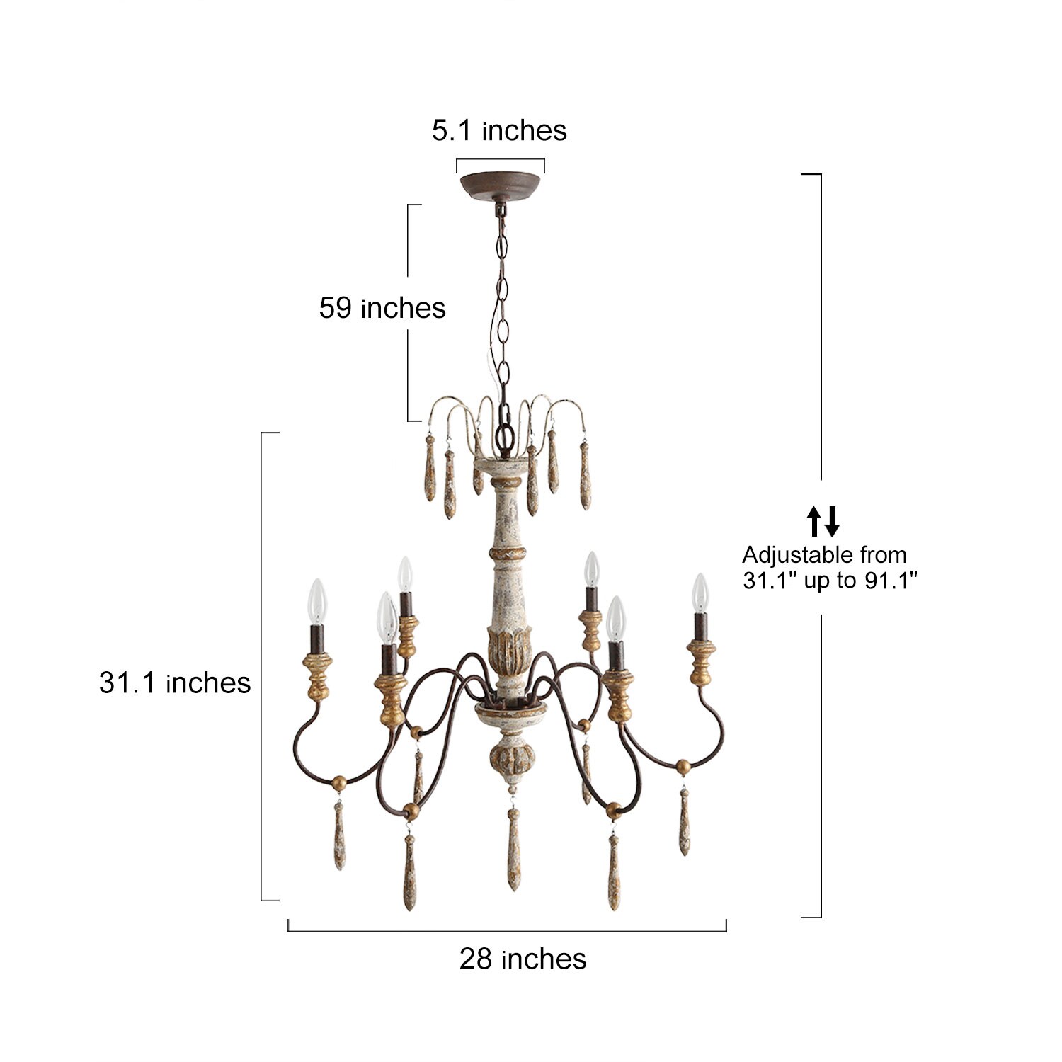 LNC Andromeda 6-Light Distressed White Wood and Bronze French Country ...