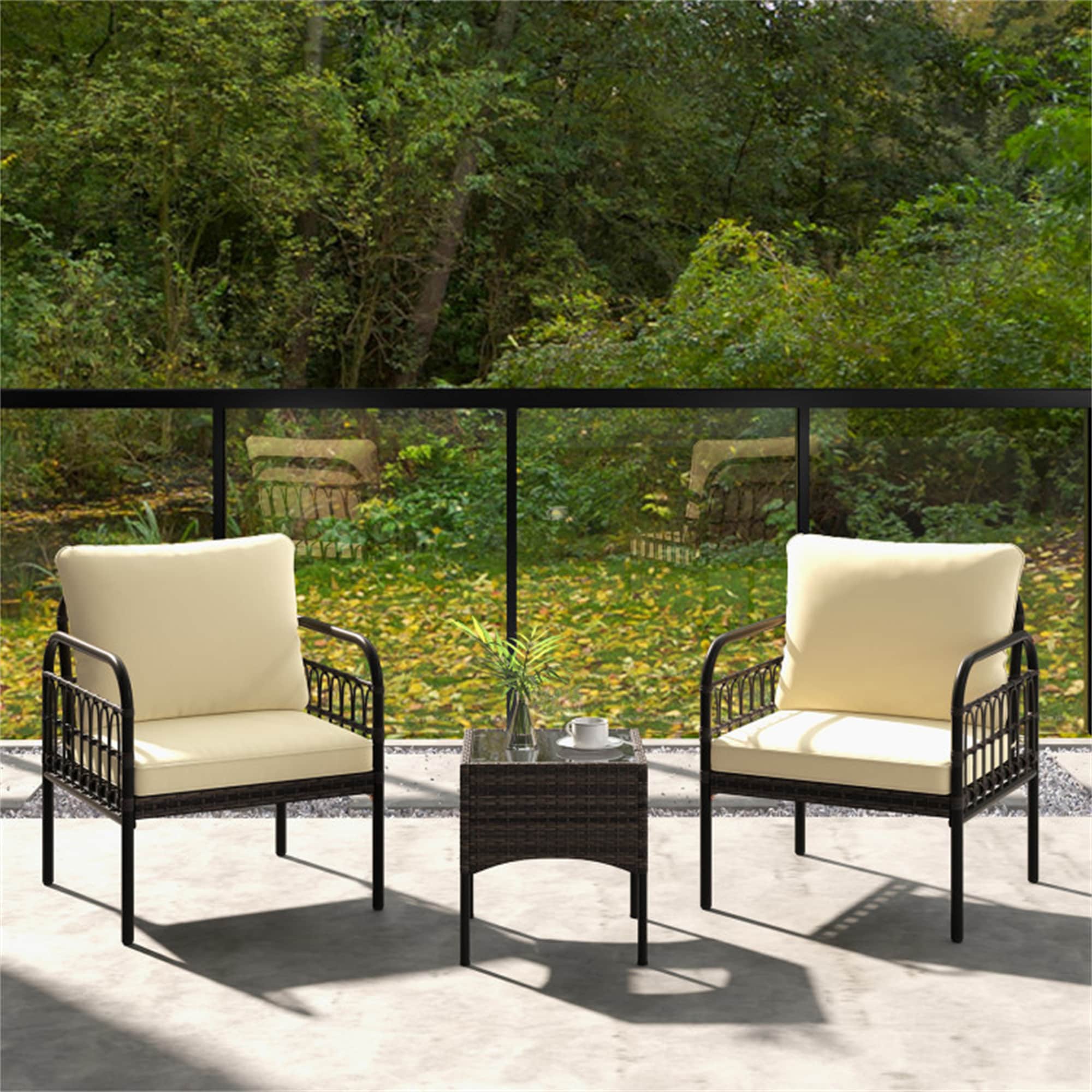 BABOOM BOM-0188DK-CO 3-piece Bistro Set 3 -Piece Wicker Patio Conversation Set with Off-white Polyester Cushions