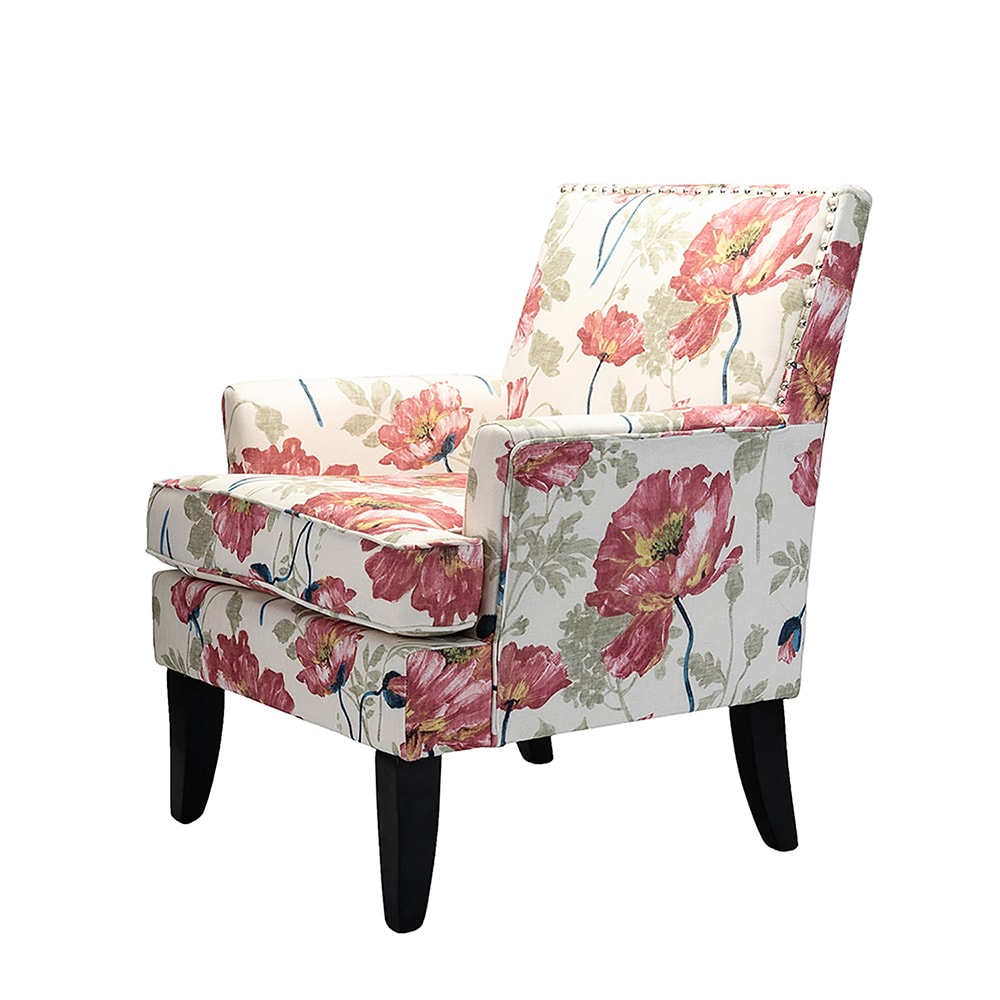 Red Floral Upholstered Accent Chair with Nailhead Trim