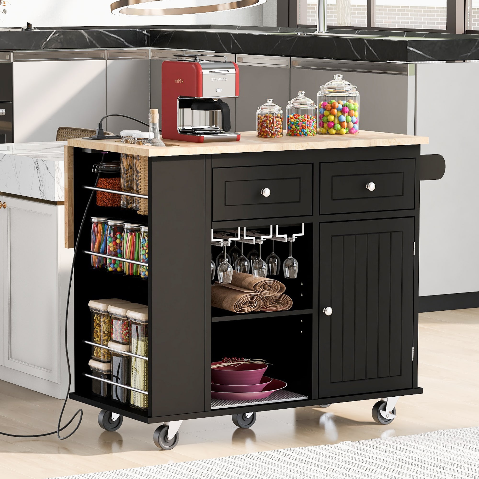 Xspracer ML-KI56AAB Black MDF Base with Wood Wood Top Rolling Kitchen Island ( 29-Inches x 40-Inches x 34-Inches )