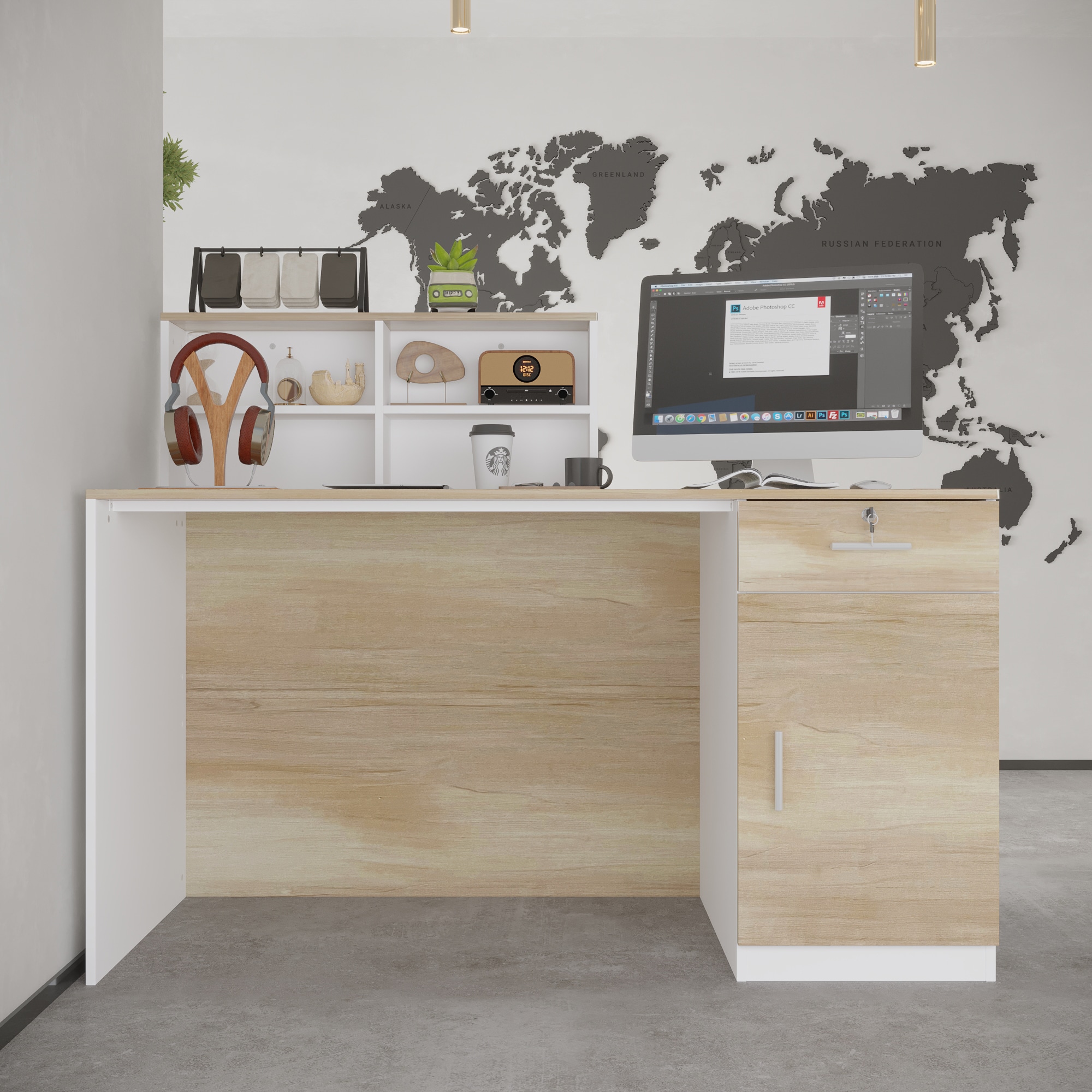 Office desk with open shelf behind the counter and world map wall
