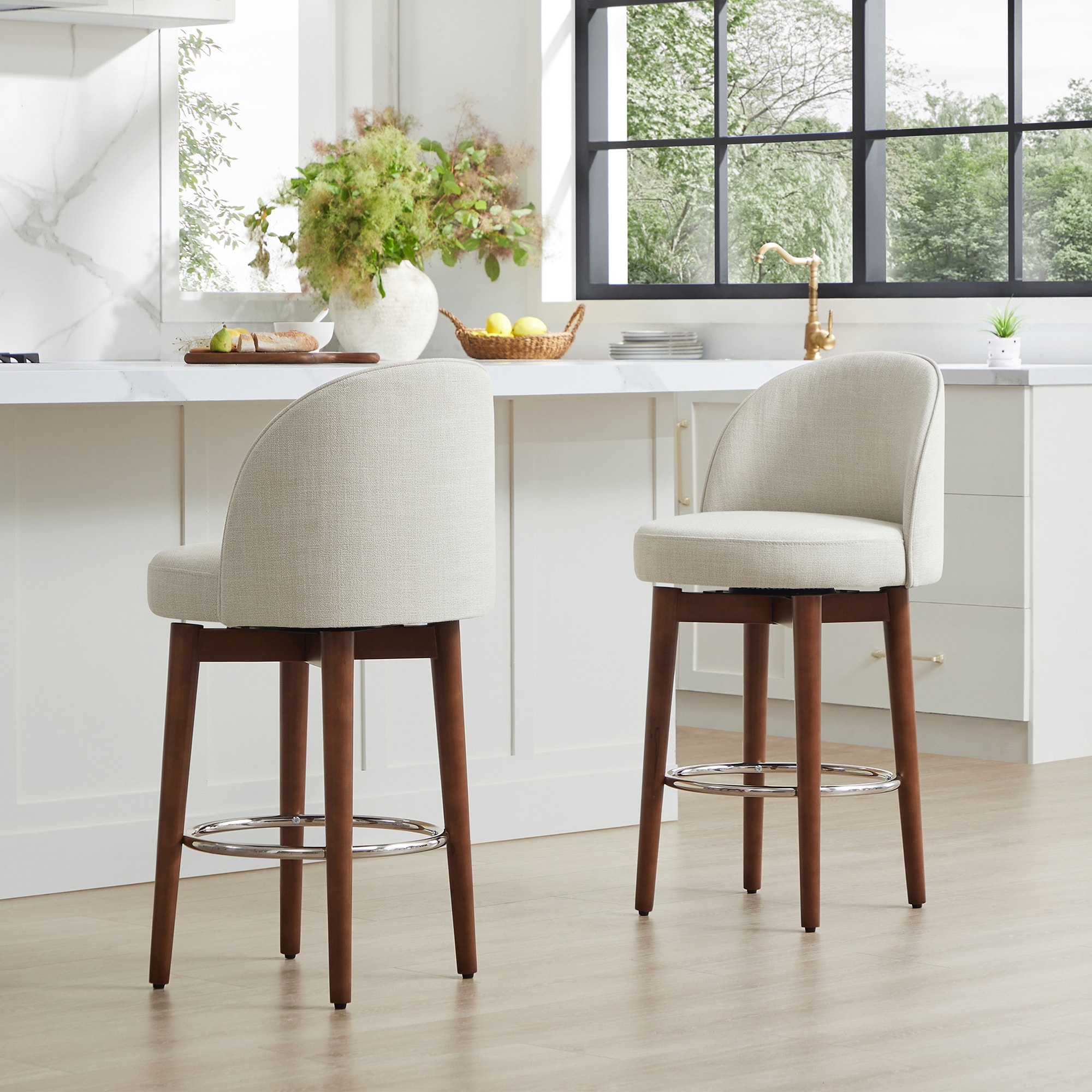 Circle 55 LWSY2172-C0200311T 2 -Set Linen 26.4-in H Counter height Round seat Upholstered Swivel Wood Bar Stool and Back