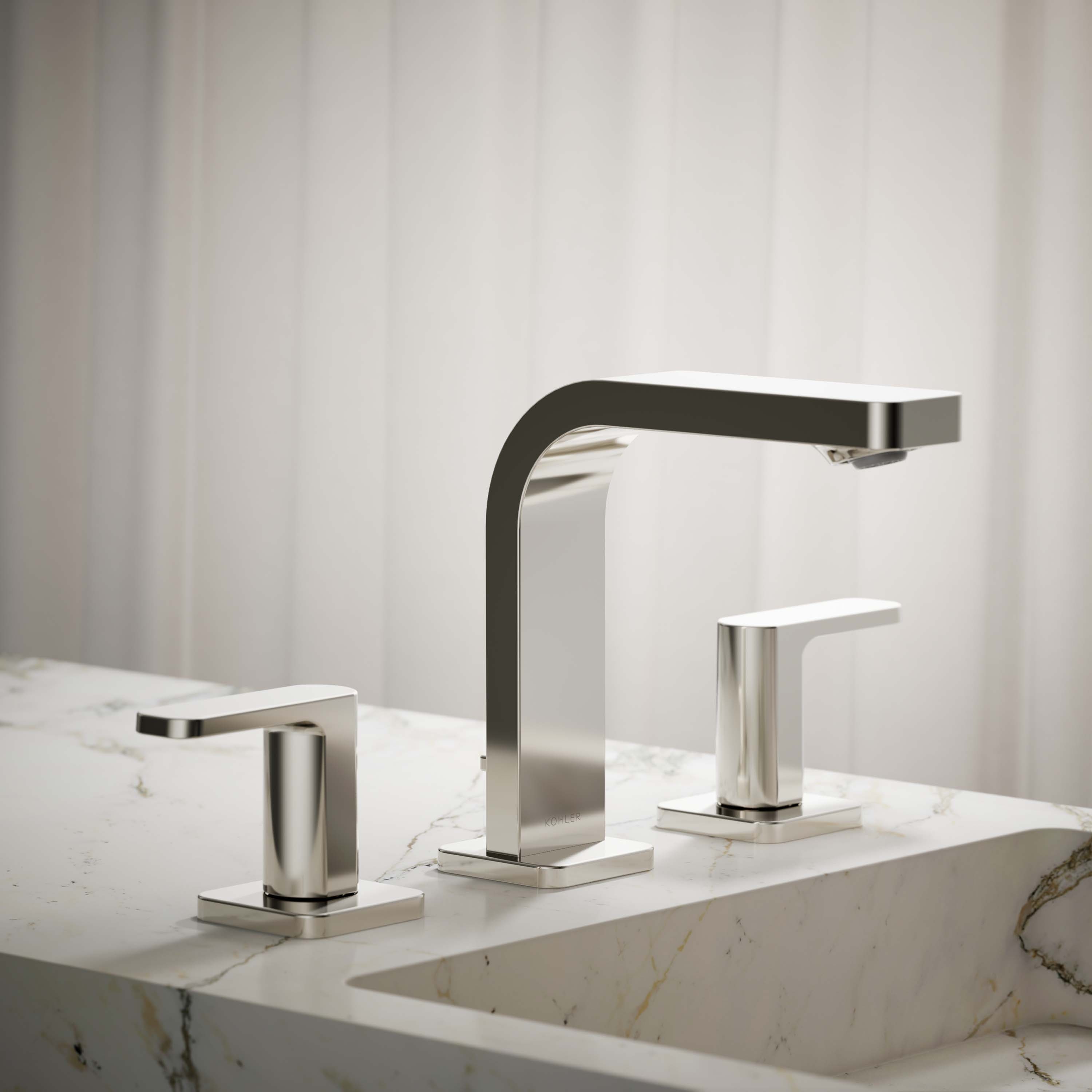 KOHLER 23484-4-SN Parallel Vibrant Polished Nickel Widespread 2-handle WaterSense Low-arc Residential Handle Bathroom Sink Faucet with Drain