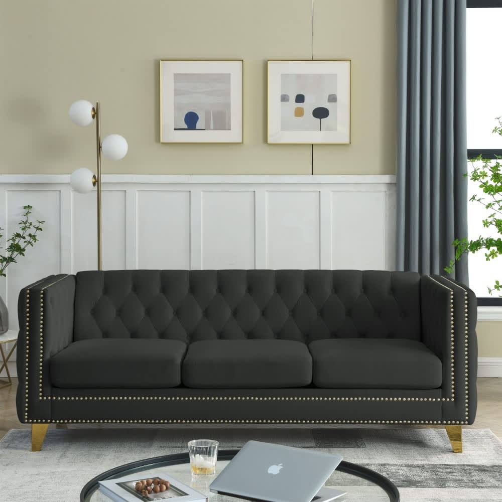 Coolbibila - 3-Seater Couch Lounge Sofa 80-in Black Velvet Sofas Chesterfield Sofa Upholstered Tu...