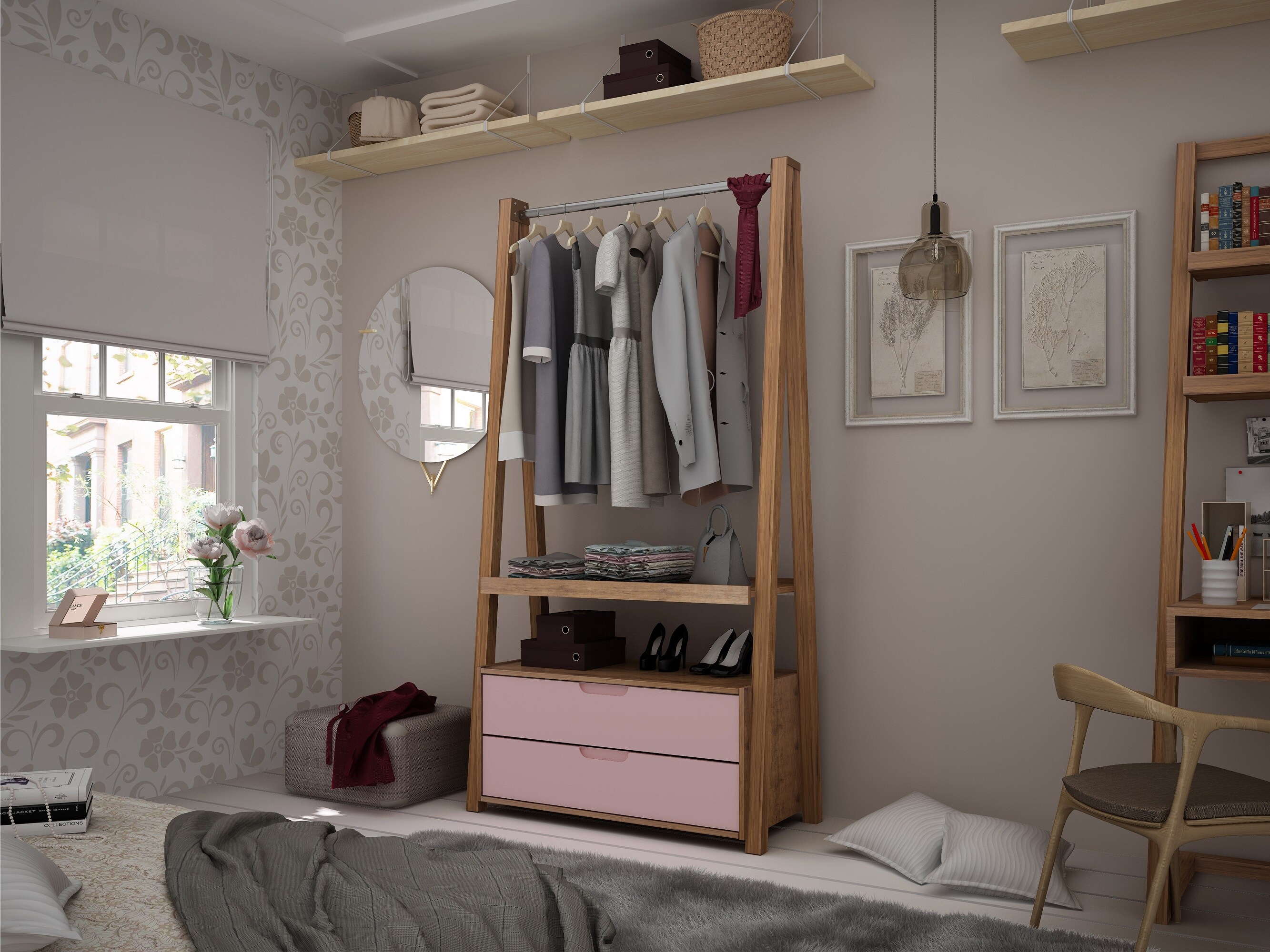Manhattan Comfort 105GMC6 Rockefeller Open Wardrobe Armoire Closet with 2 Drawers in Nature and Rose Pink