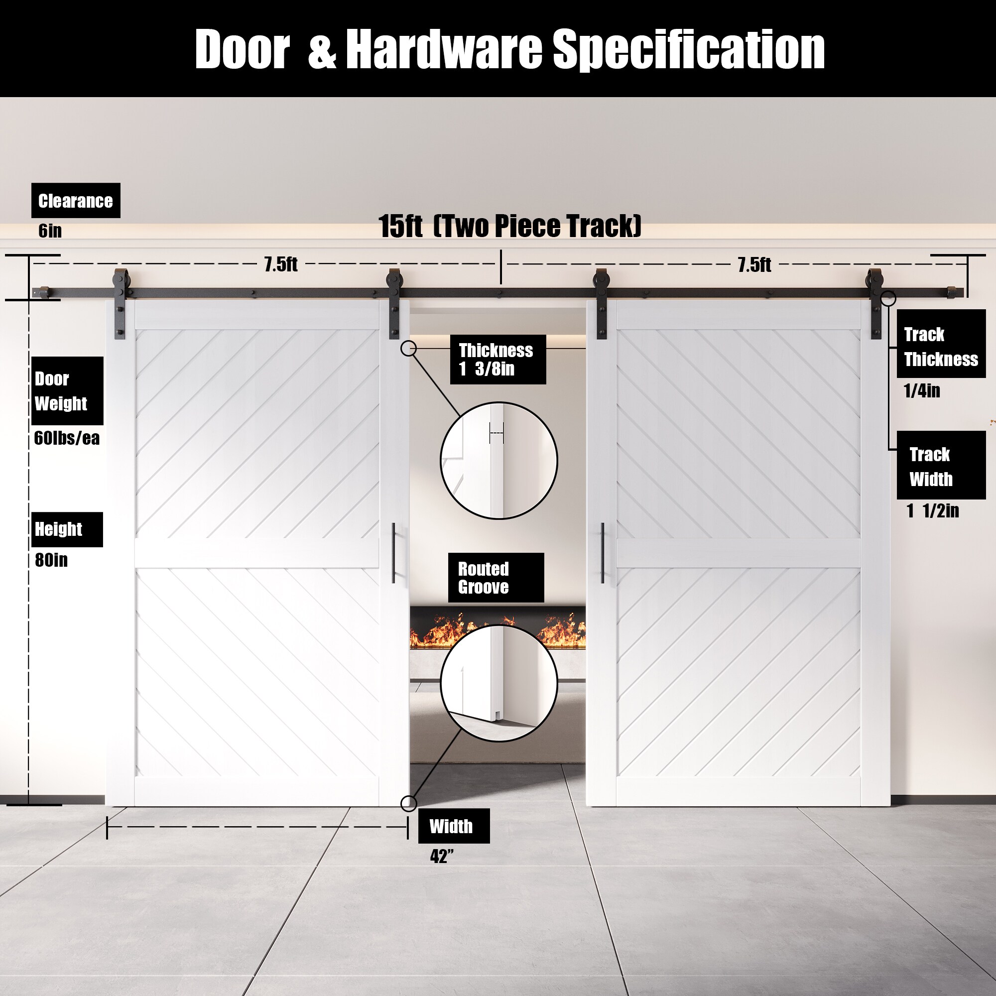 HOMACER YT2H180C-XT3-4280-WH Barn-Doors - View #2