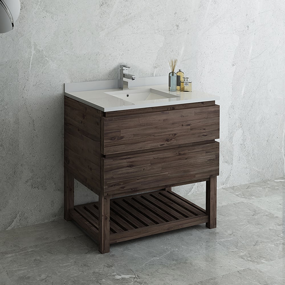 Elegant Acacia Wood 36" Vanity with Quartz Top and Open Shelf