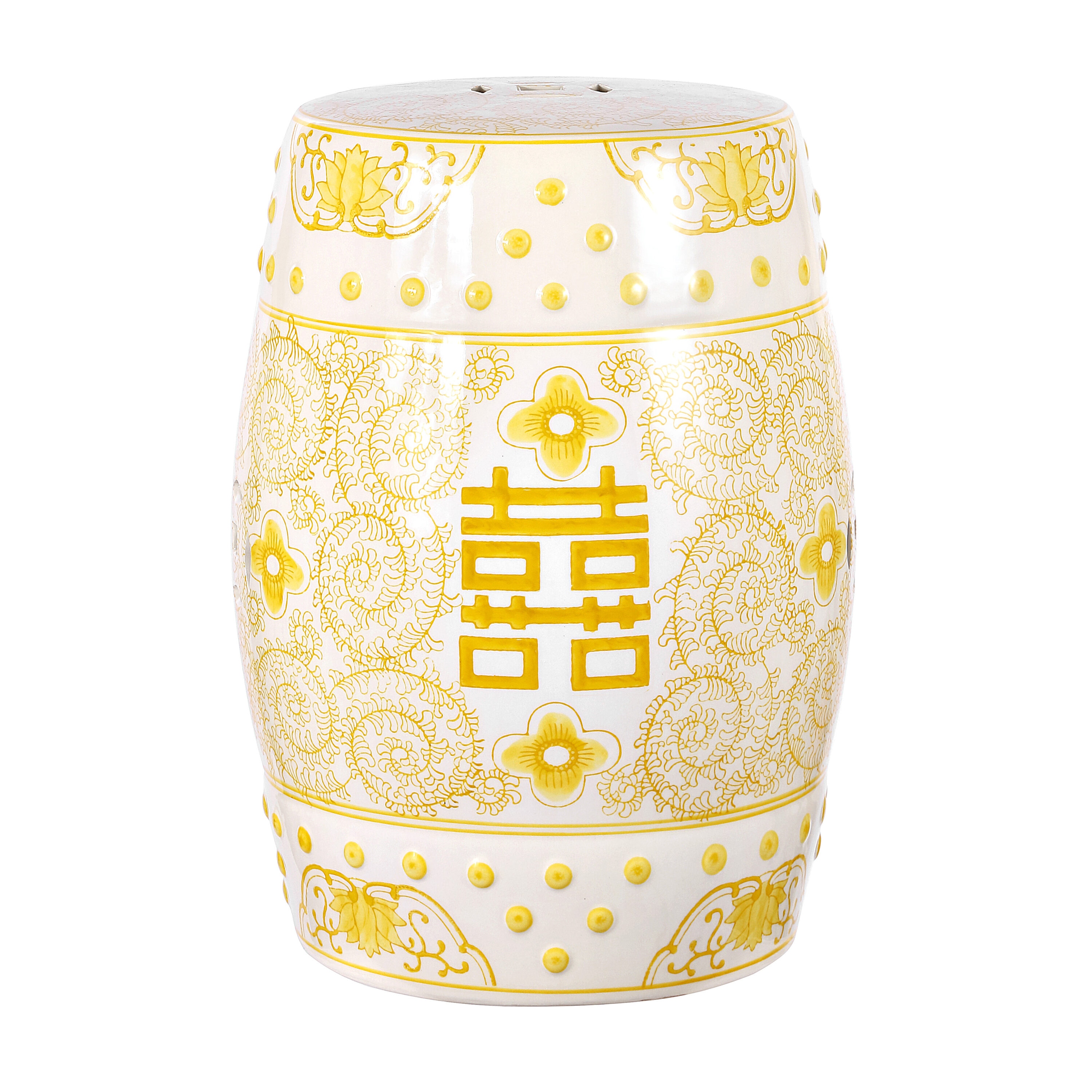 JONATHAN  Y TBL1013B Double Happiness Chinoiserie Bohemian Coastal 18-Inches Yellow/White Ceramic Barrel Garden Stool