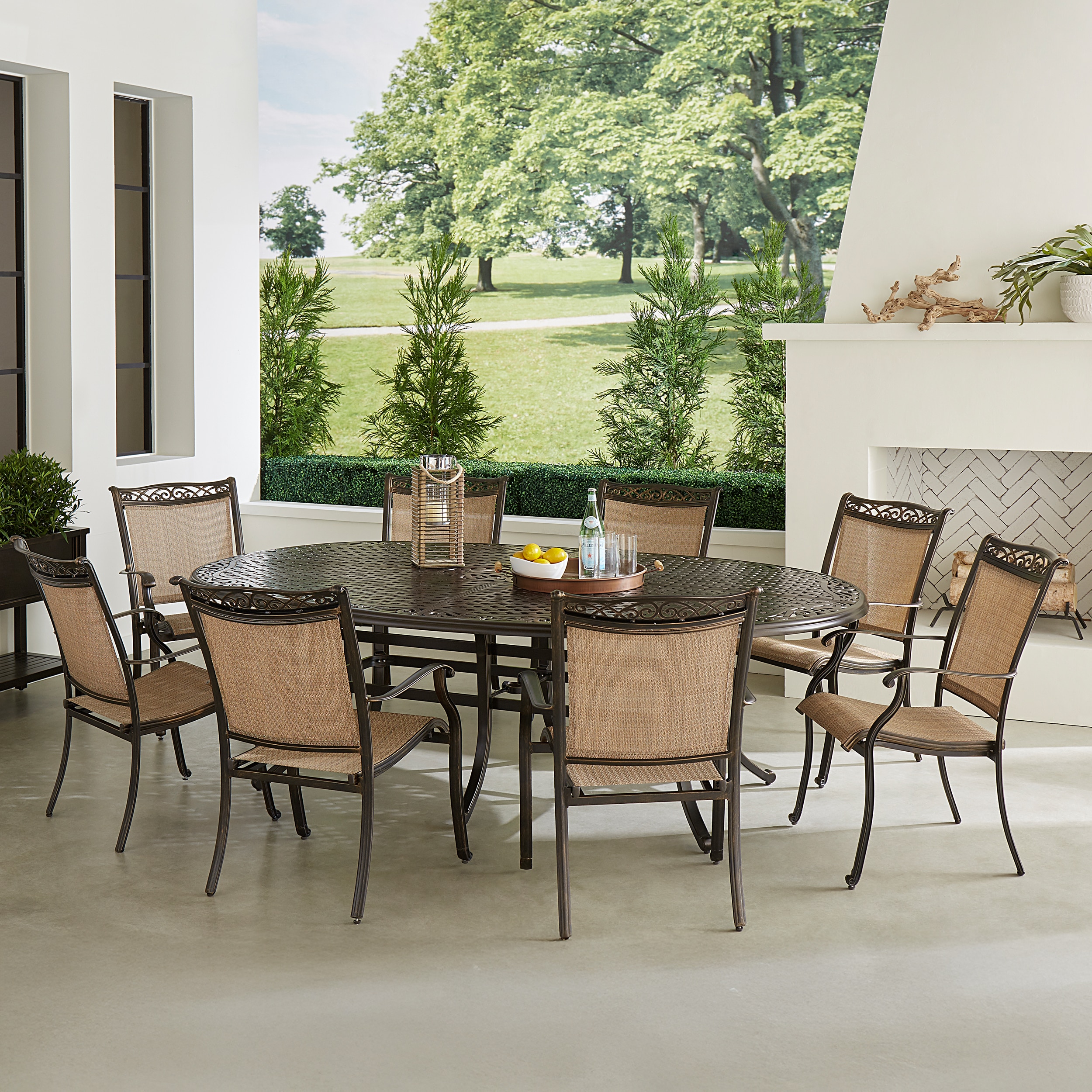 Hanover FNTDN9PCOV 9 -Piece Bronze Woven Patio Dining Set Aluminum Oval Table with 8 Tan Swivel Rocker Chairs