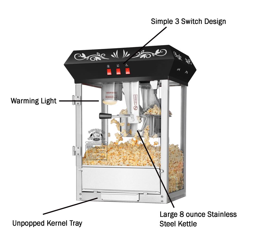 Superior Popcorn Black Countertop Movie Night Popcorn Popper Machine