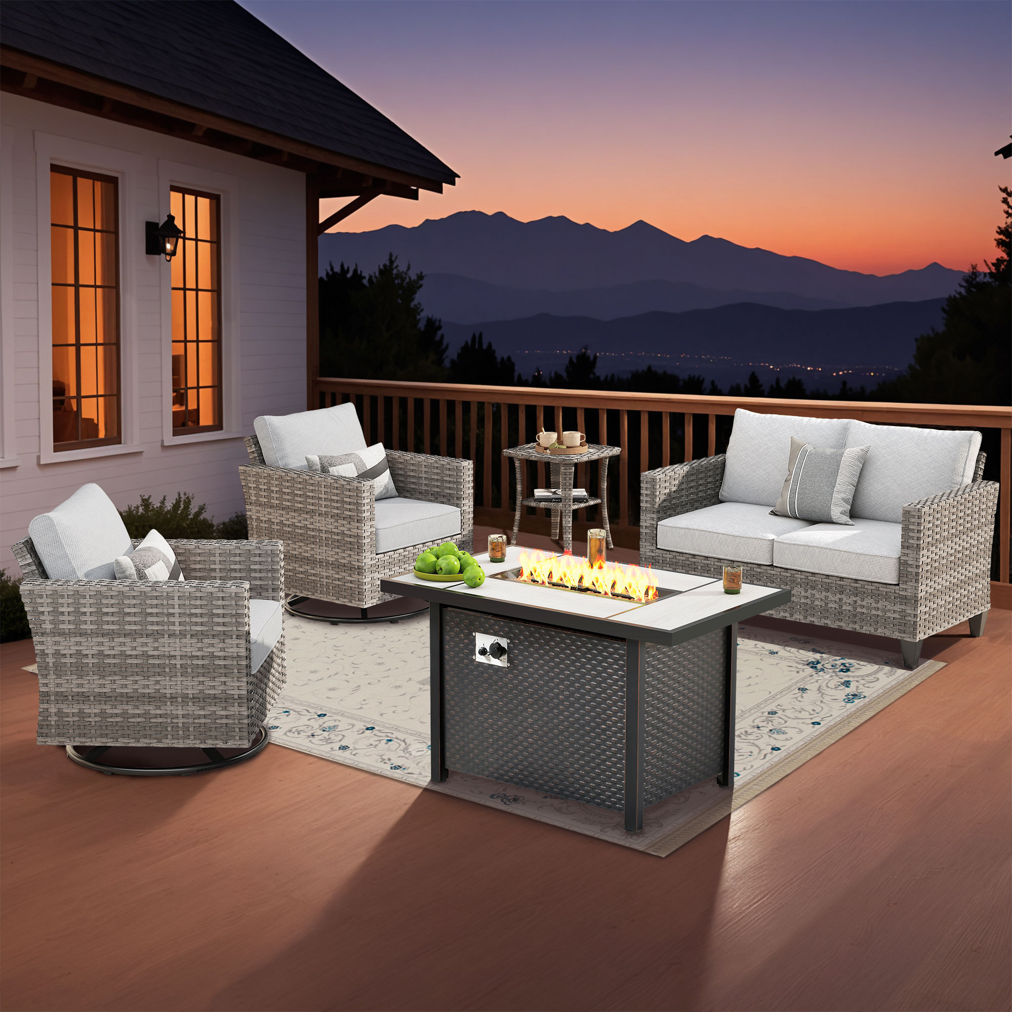 Pouuin SYZGR705 5 -Piece Wicker Patio Conversation Set with Gray Cushions